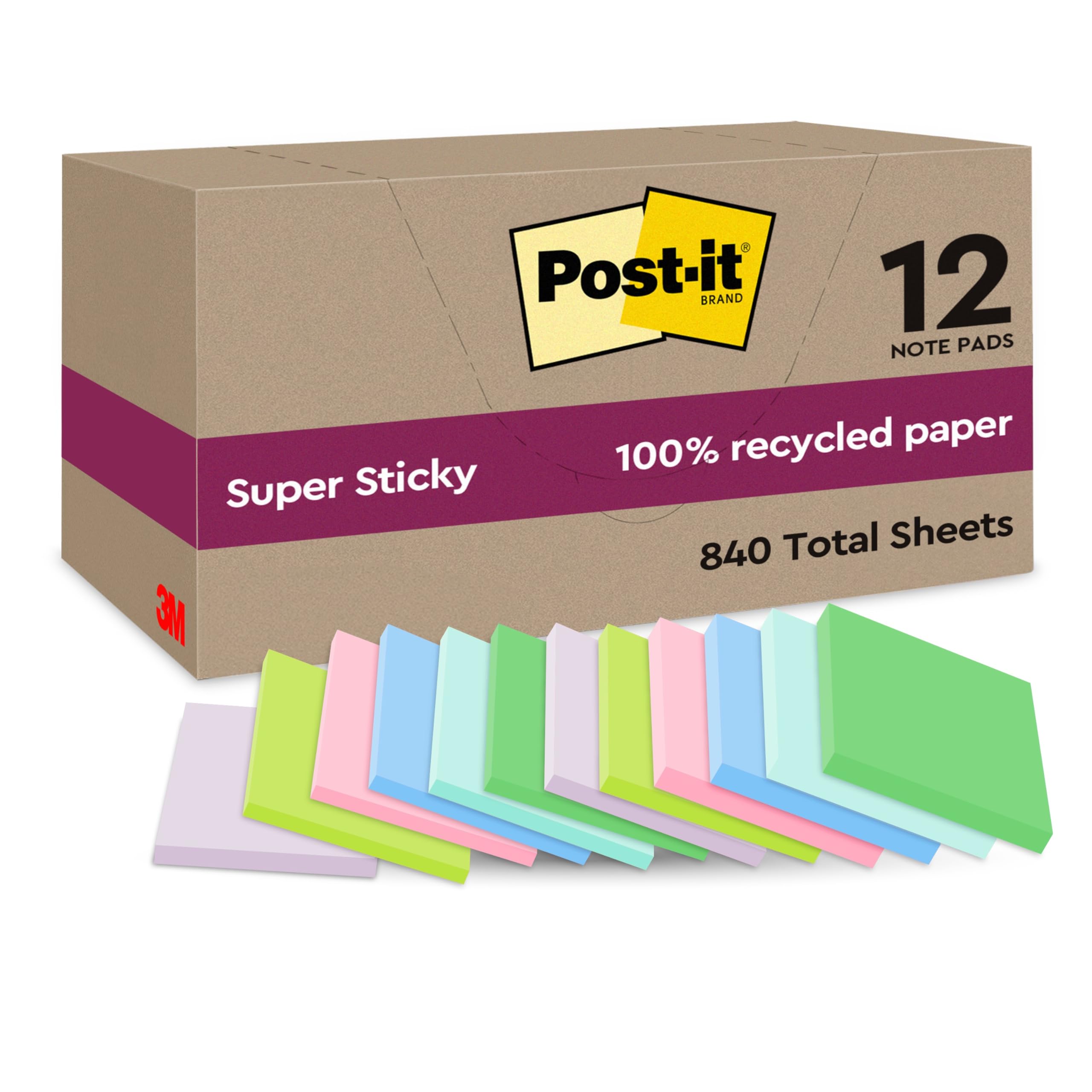 Post-it Super Sticky 100% Recycled Notes - 12 Pads, 70 Sheets/Pad | Multi-Color