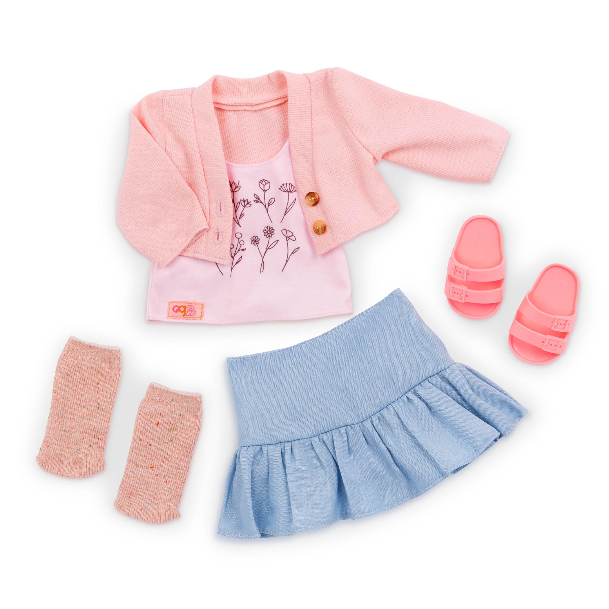 Our Generation 18-inch Doll Country Charm Outfit - Floral Top, Pink Sweater, Blue Skirt