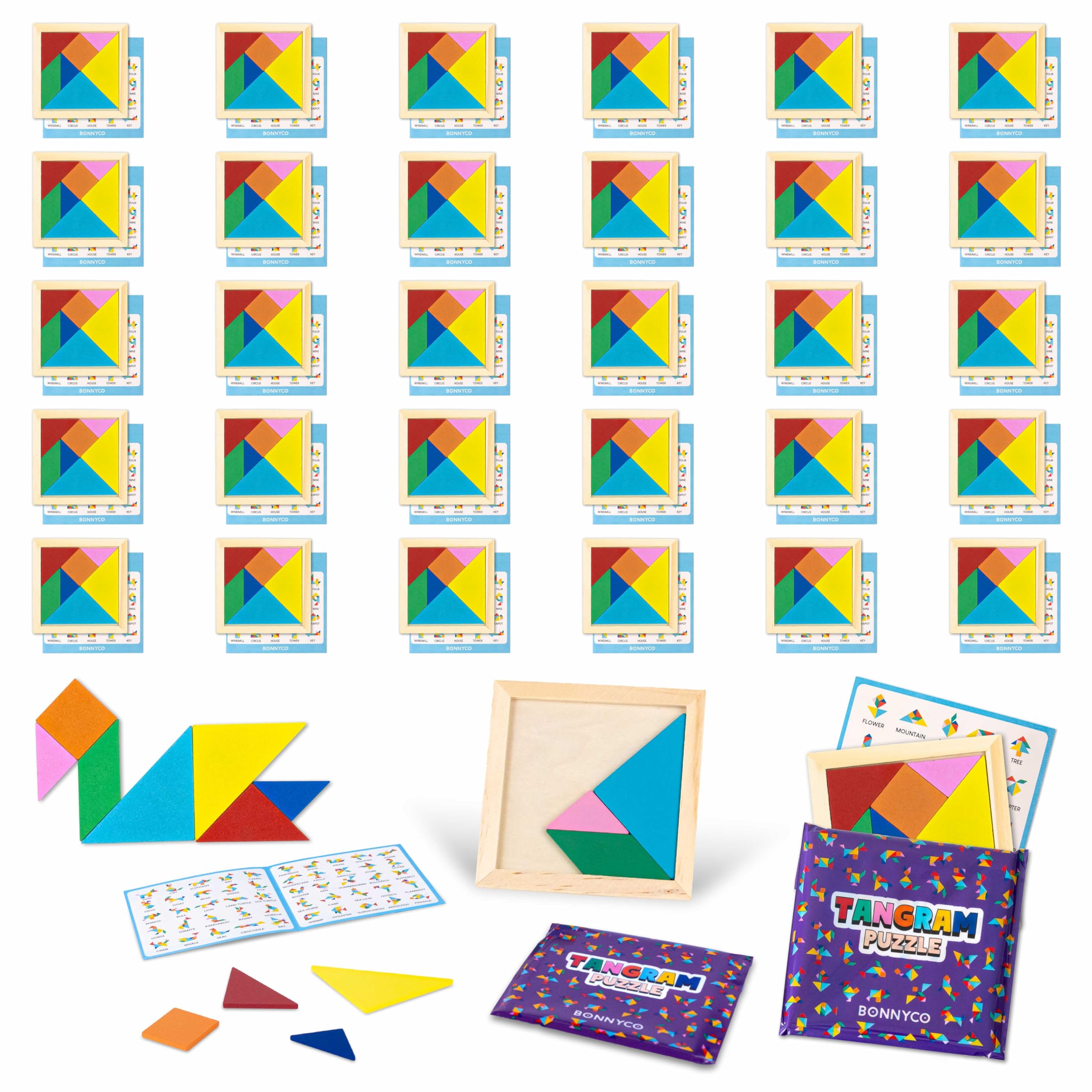 BONNYCO Tangram Puzzles - 30 Pack | Unisex Kids Party Favours | Wooden Educational Toy 1