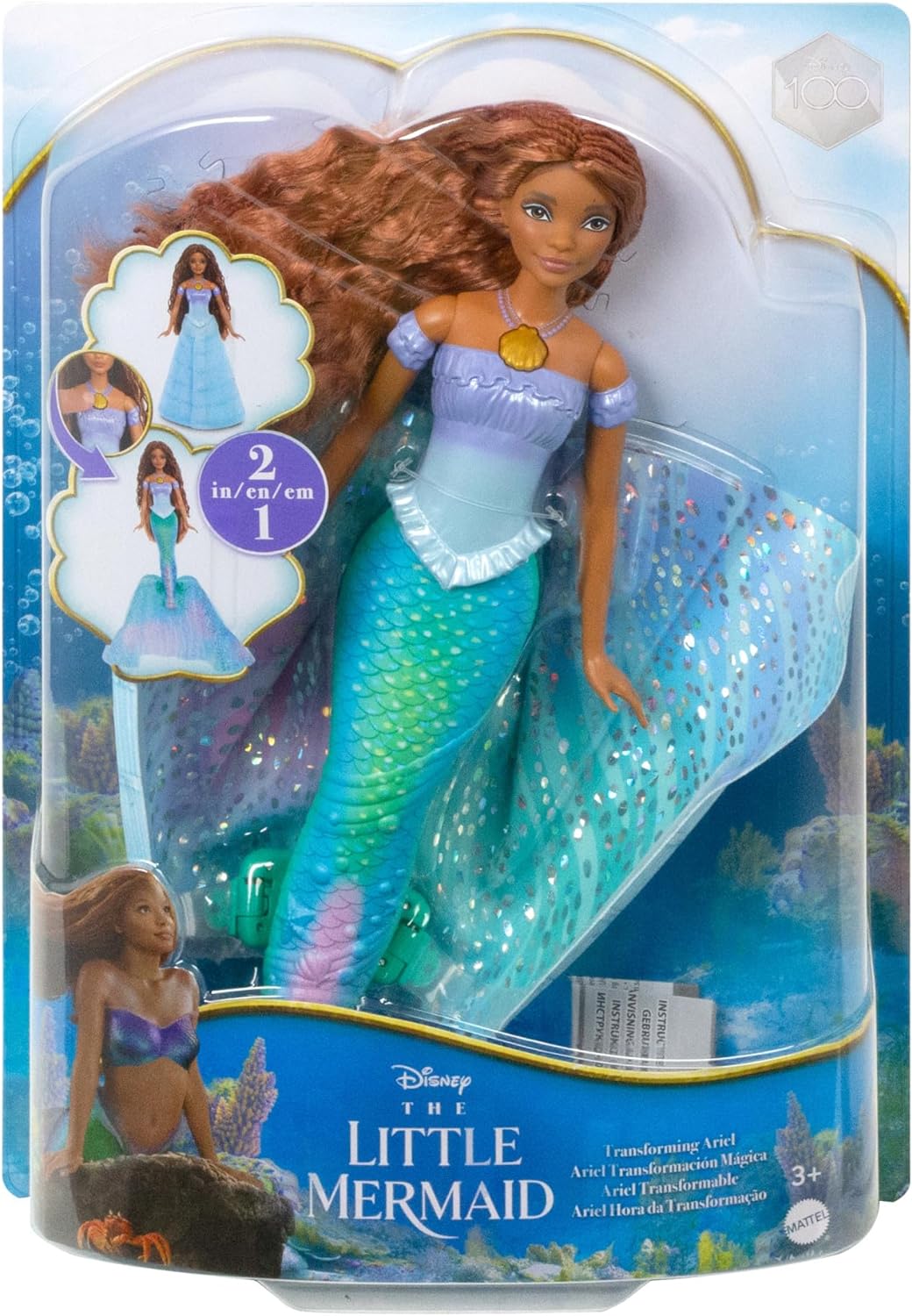 Disney The Little Mermaid Transforming Ariel Doll, Ariel with Brown Hair, 2-in-1 Doll Looks with Mermaid Fin and Princess Dress