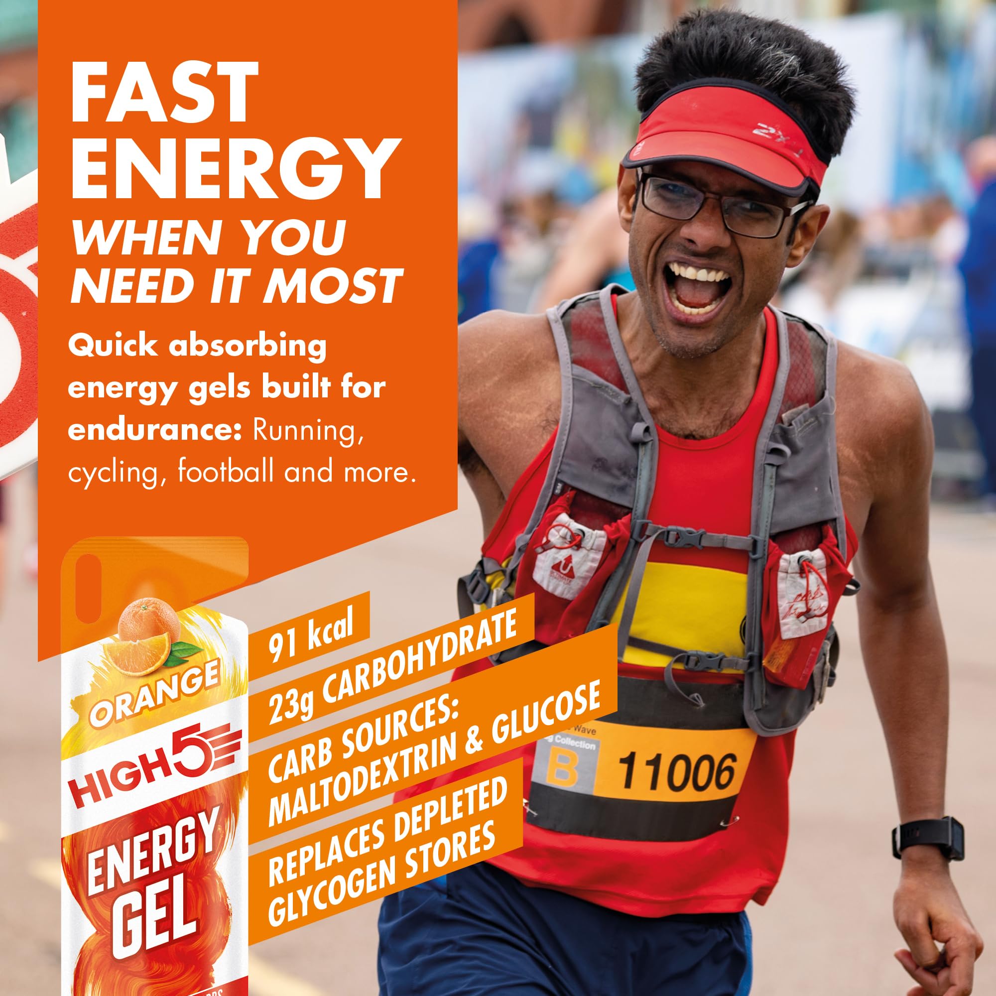 HIGH5 Energy Gel - 6 x 40g Pack | 23g Carbs per Sachet | Natural Orange Flavor 2
