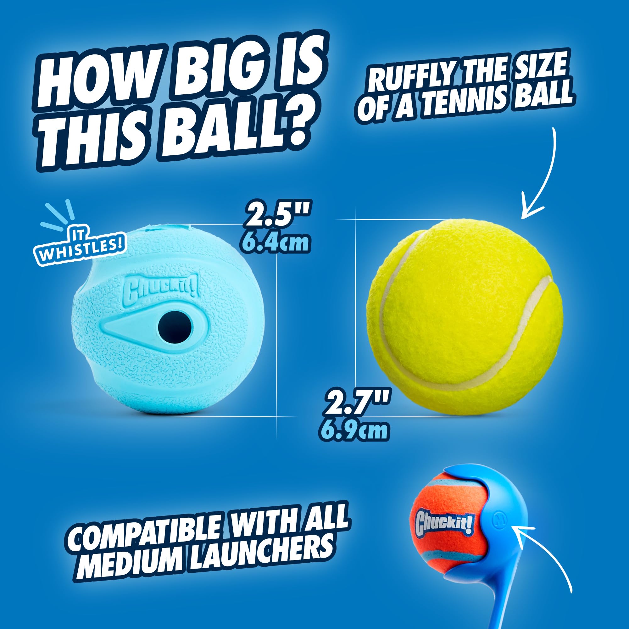 Chuckit! The Whistler Ball - High Bounce Rubber Dog Toy | Launcher Compatible | Medium, 2 Pack