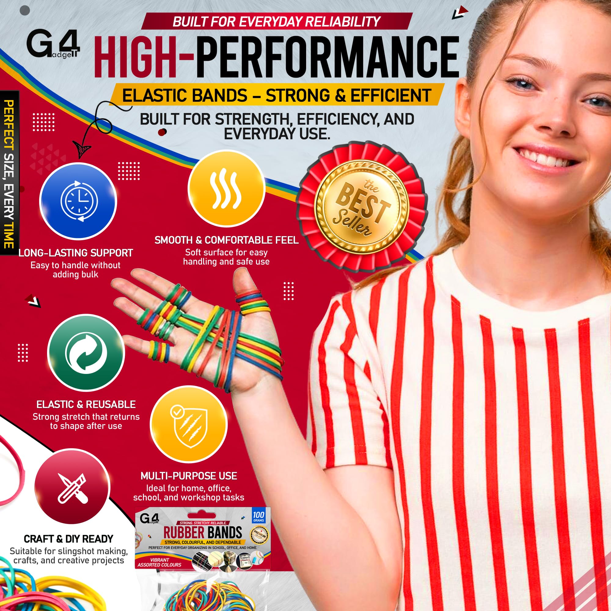 G4GADGET Elastic Bands - 400 Pack Assorted Sizes Rubber Bands | Strong & Multicolour