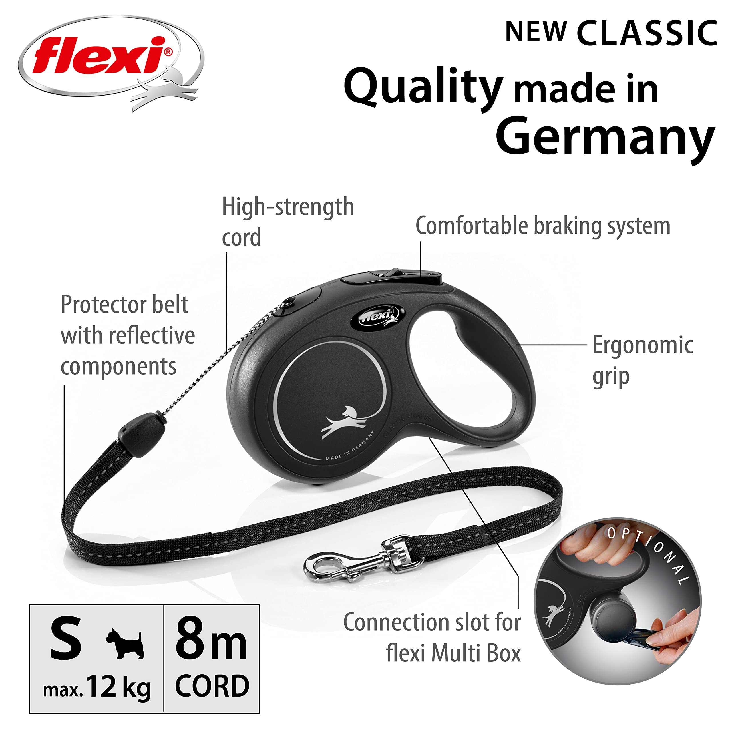 flexi New Classic Cord Black Small Retractable Dog Leash | 8m Length | Up to 12kg/26lbs 3