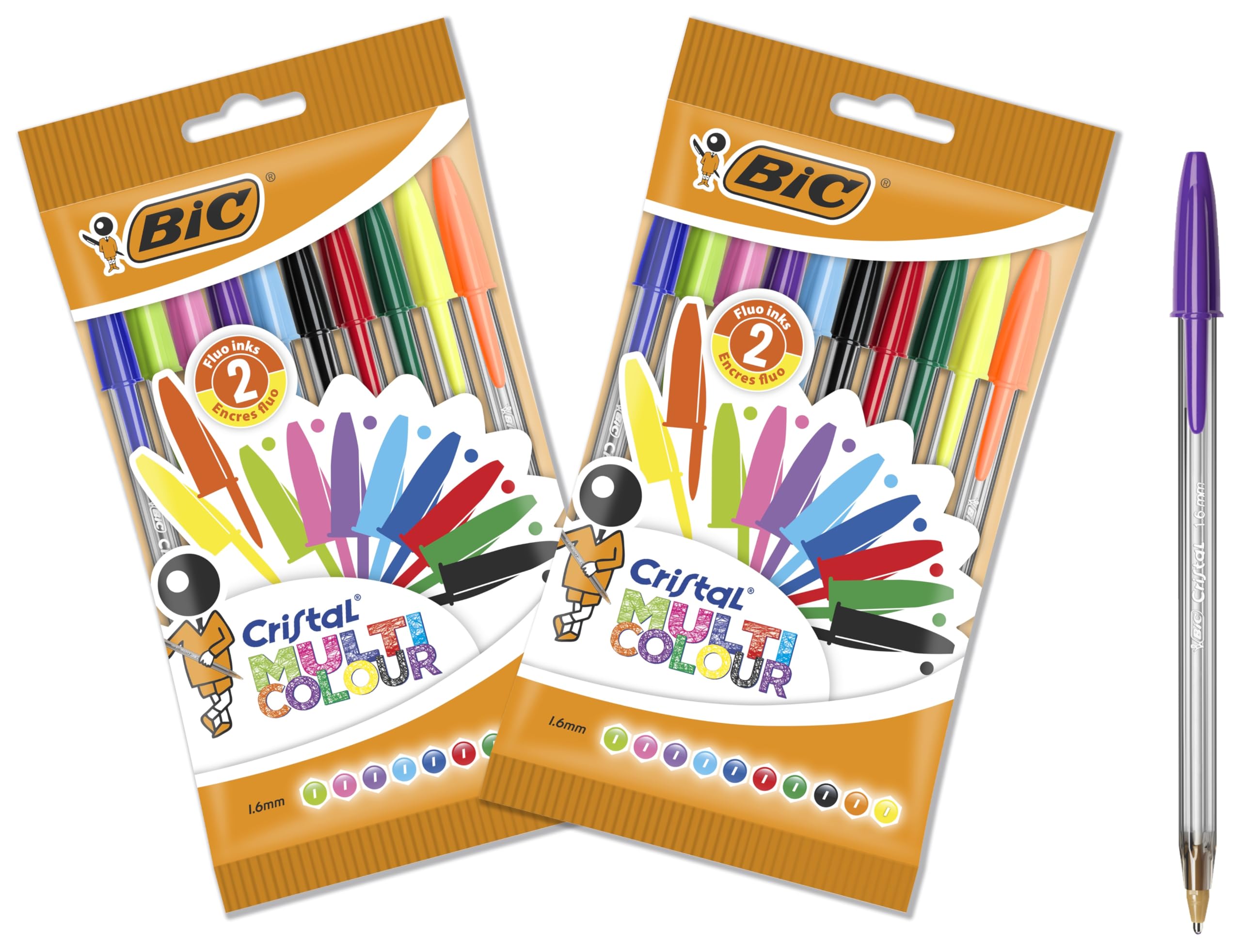 BIC Cristal Multicolour Ballpoint Pens - Broad 1.6mm Nib | Translucent Barrel | Pack of 20