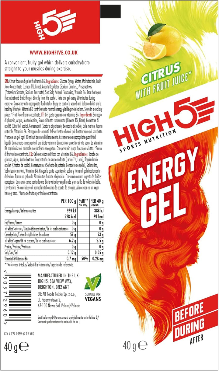 HIGH5 Energy Gel Citrus - Natural Fruit Juice Energy Gel for Endurance Sports (20 x 38g)