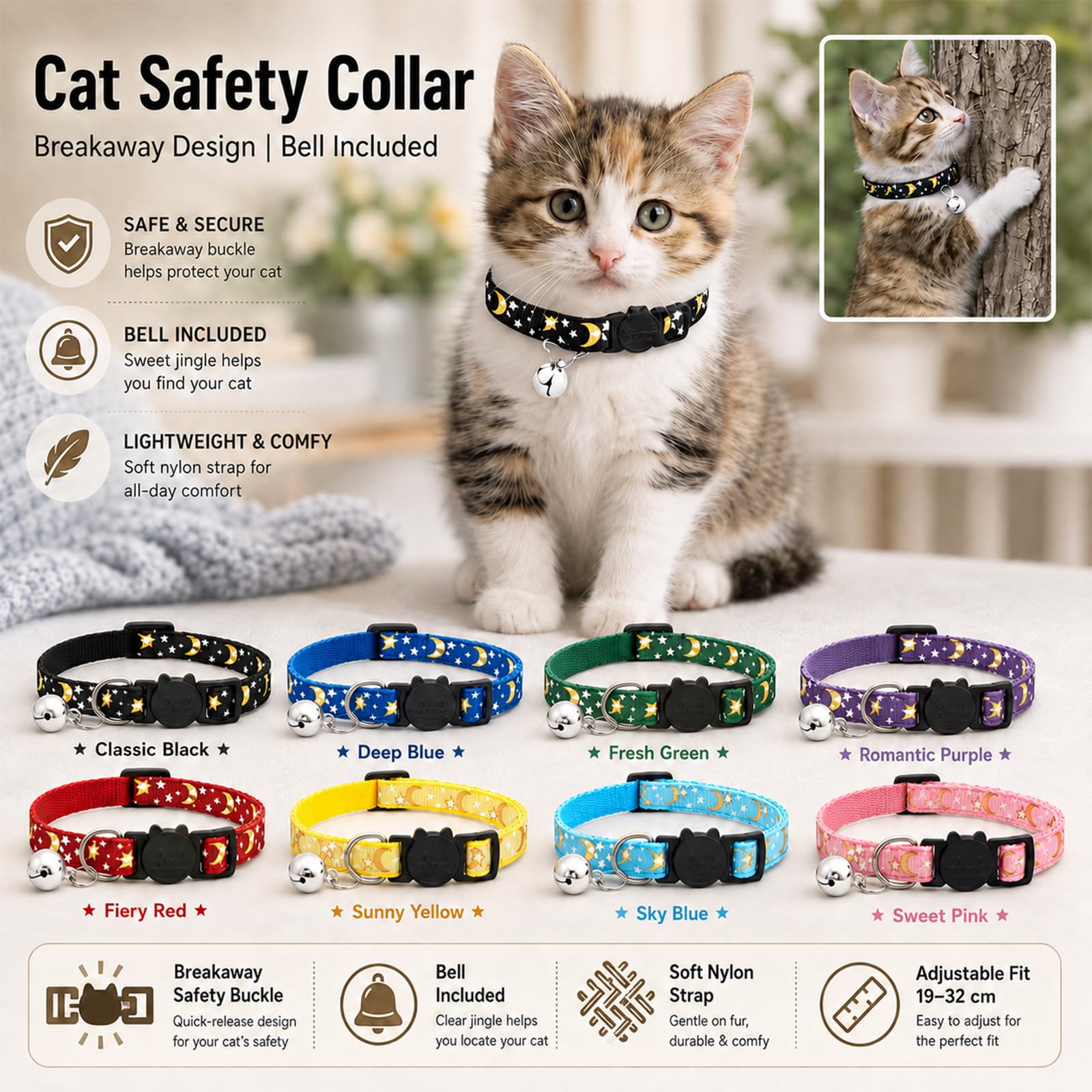 Muexoee Reflective Adjustable Cat Collar with Bell - Moon Star Print, Safety Buckle, Red