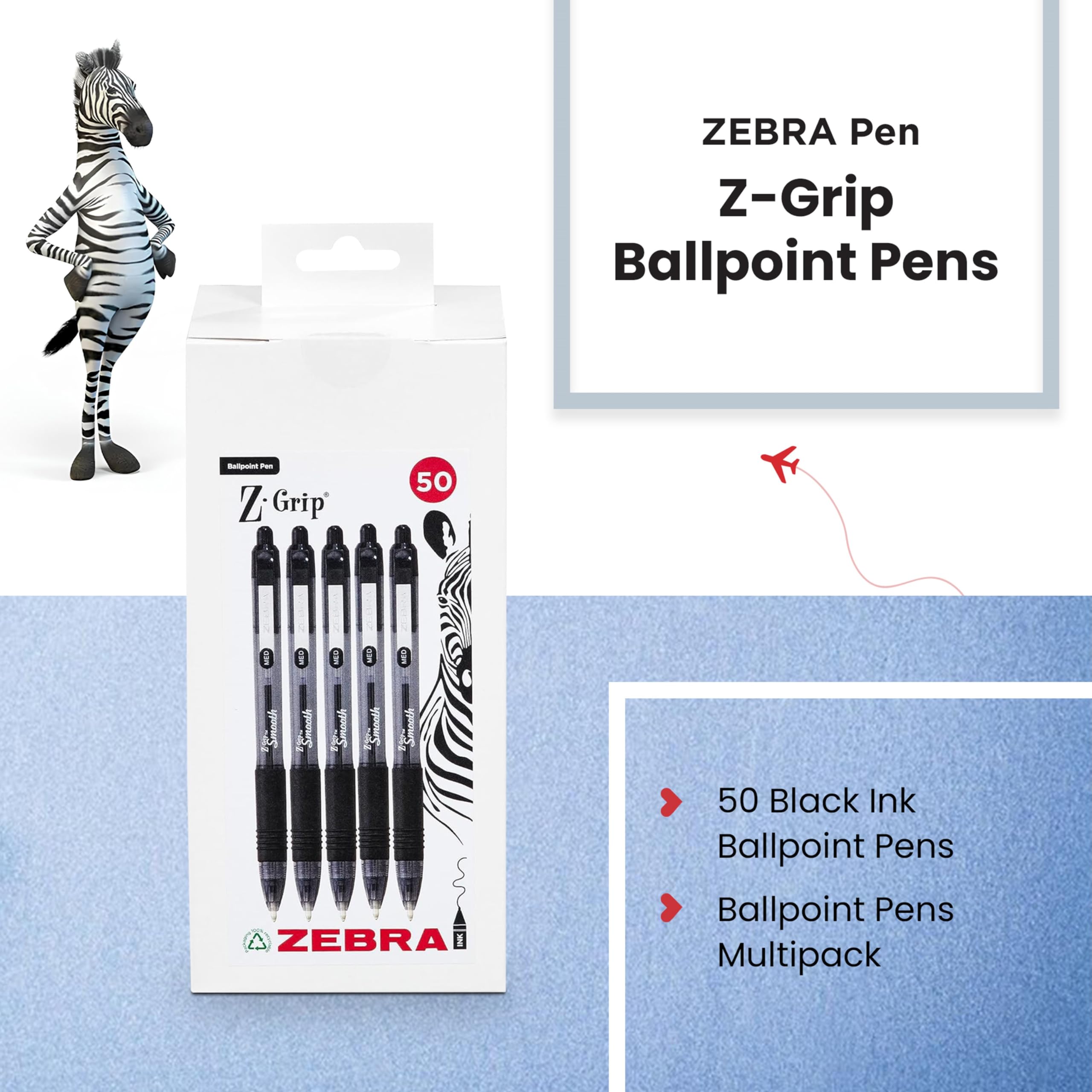 Zebra Pen Z Grip Smooth Black Retractable Ballpoint Pens - Easy Glide Ink, Comfort Grip, Medium Point | 50 Pack