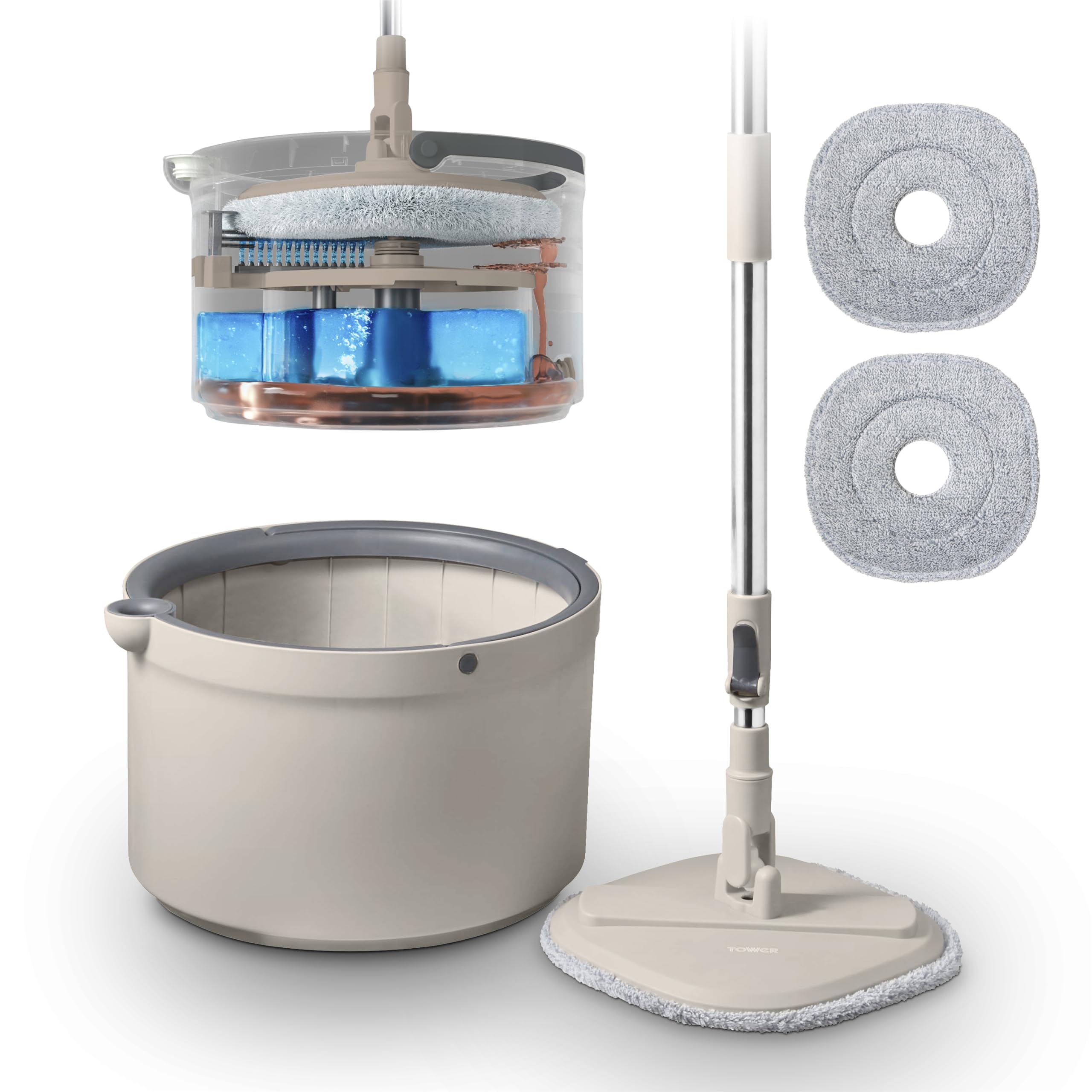 Tower Duo Compact Spin Mop & Bucket - Clean/Dirty Water Separation | 2 Microfibre Pads | Latte & Grey 1