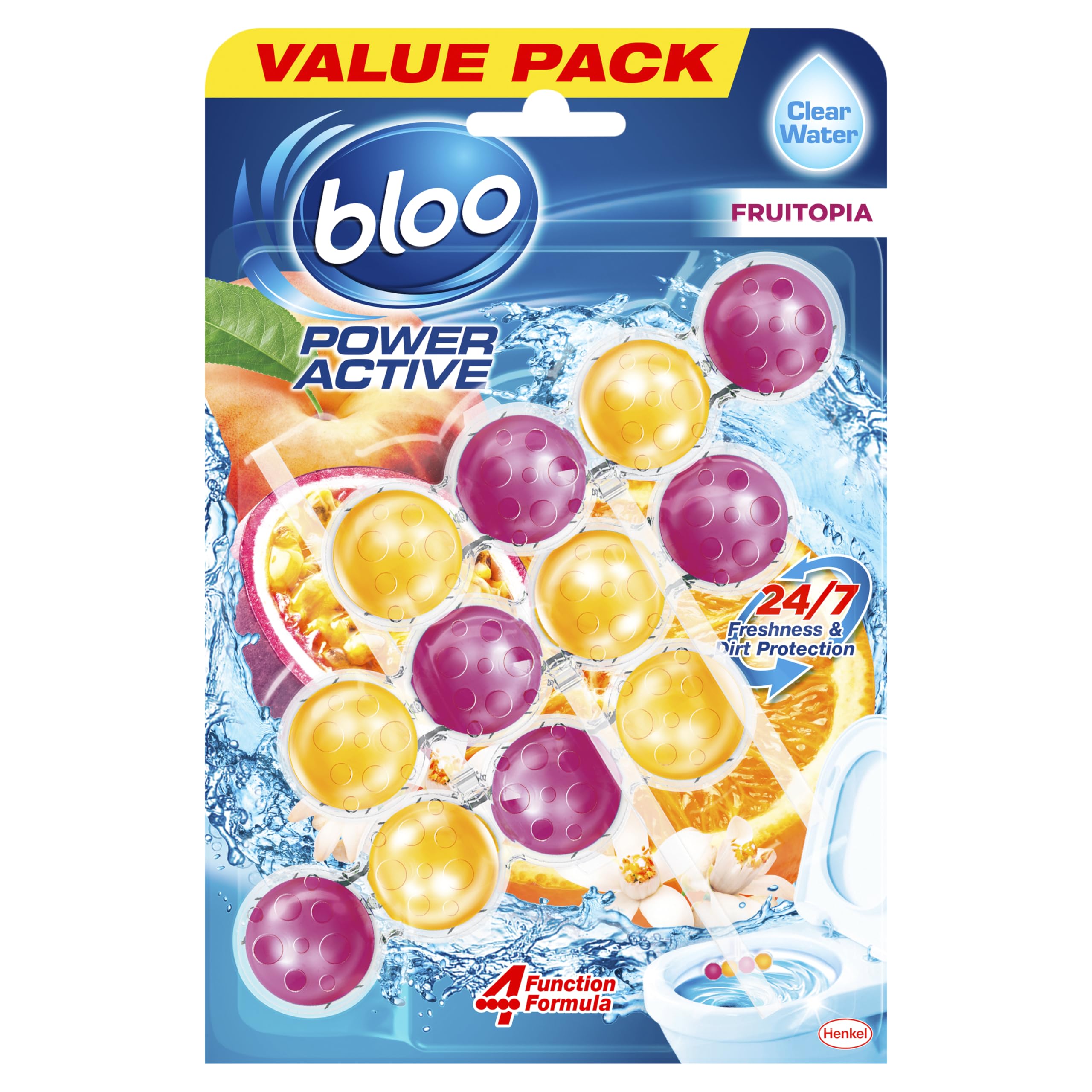 Bloo Power Active Toilet Rim Block Fruitopia (50g) - Orange & Peach Scented Freshness with Anti-Limescale Protection