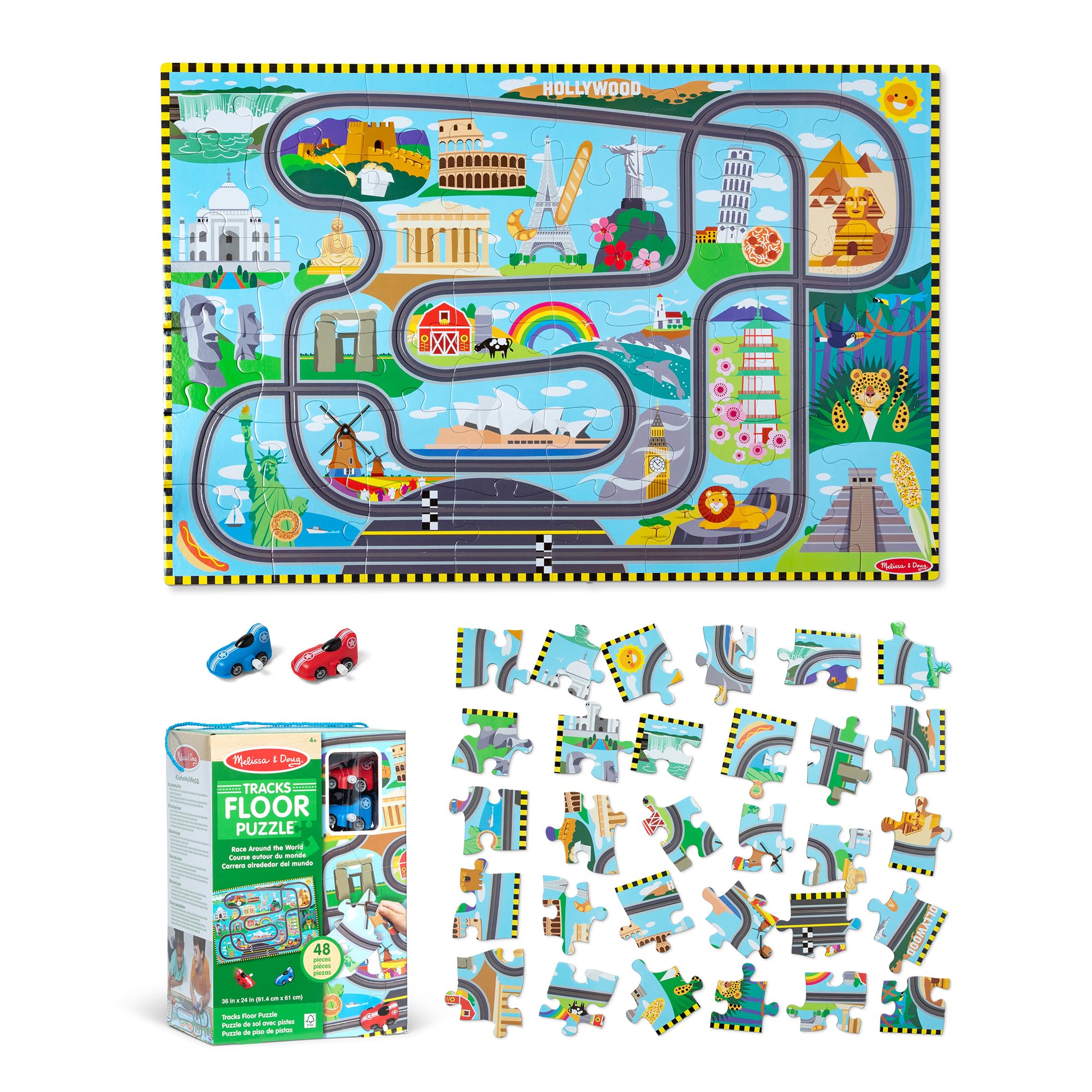 Melissa & Doug Race Around the World Floor Puzzle - 48 Pieces, Includes 2 Wind-Up Vehicles | Ages 3+