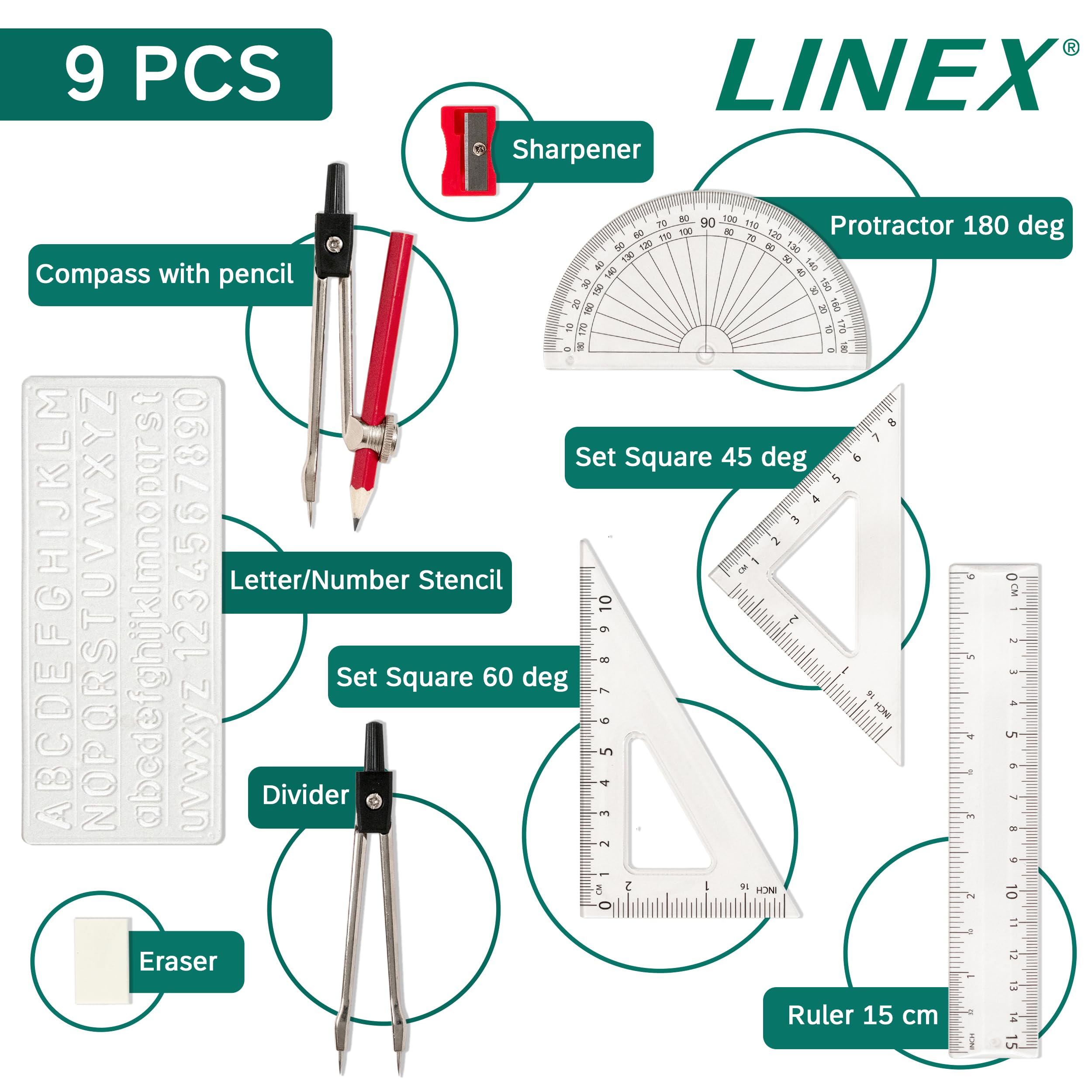 Linex Geometry Set for Students - 10 Pieces in Metal Tin | Compass, Protractor, Ruler 3