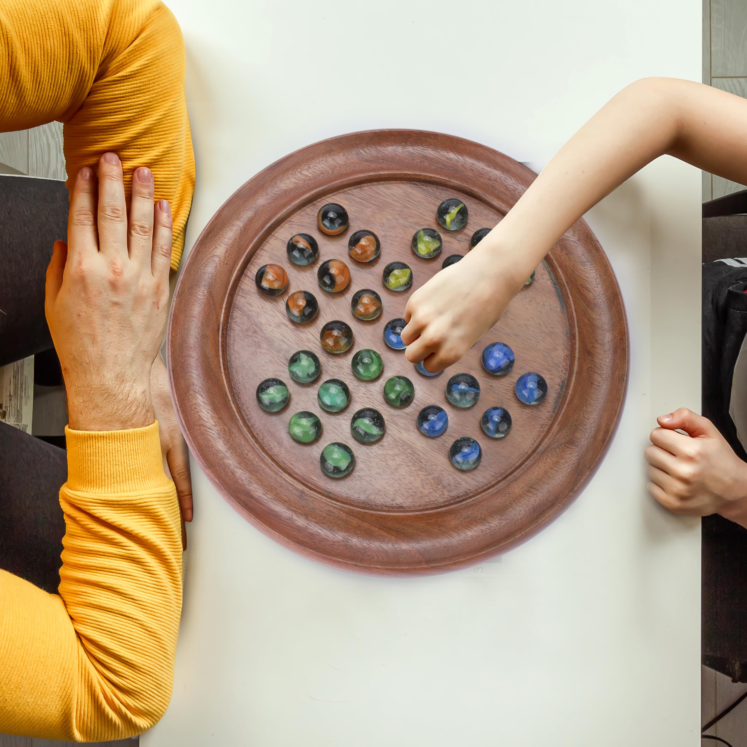 Ajuny Classic Solitaire Handcrafted Wooden Board Game with 4-Color Marbles 6