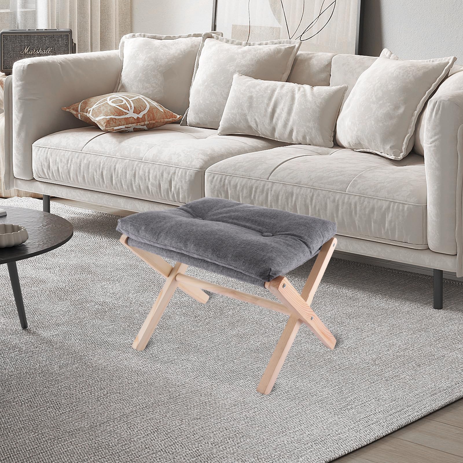 ASelected Wooden Folding Footstool with Soft Cushion | 45x33x33cm | Dark Grey 5