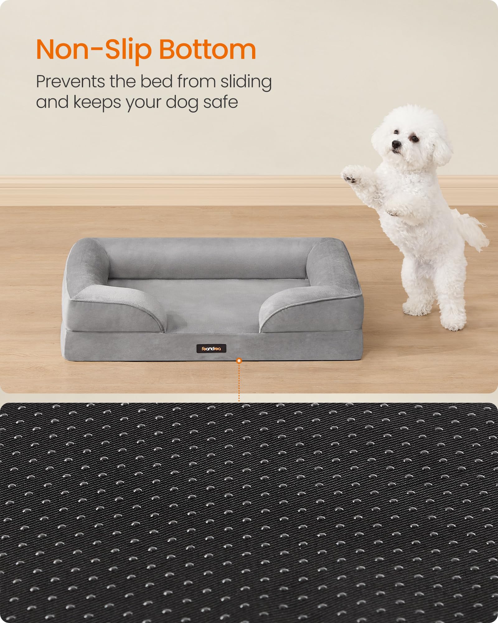 Feandrea Orthopaedic Dog Sofa Bed - Egg Crate Foam Support | Raised Sides | Water-Resistant | Dove Grey | 76 x 51 x 16 cm 8