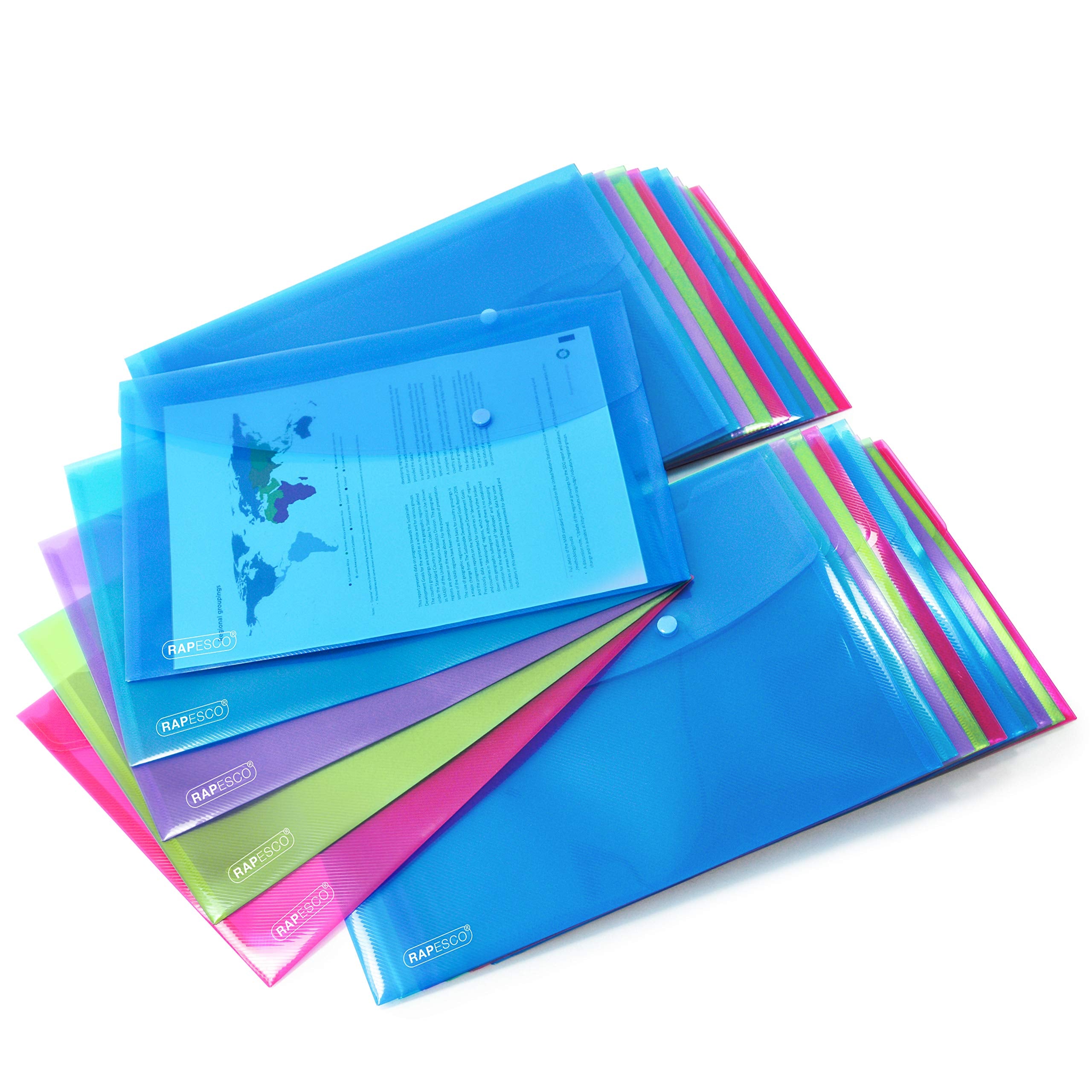 RAPESCO 1494 ECO Recycled Popper Wallets - A4+, Assorted Bright Transparent, Pack of 20 1