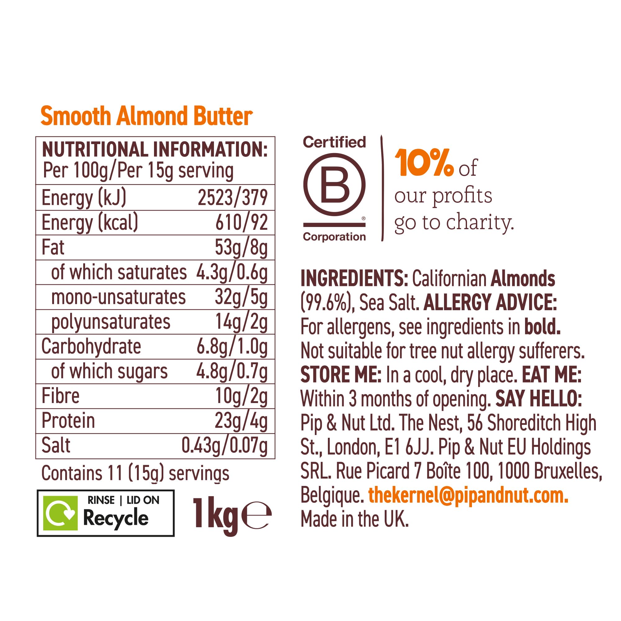 Pip & Nut Smooth Almond Butter - 1kg | No Palm Oil | High Fibre | Vegan