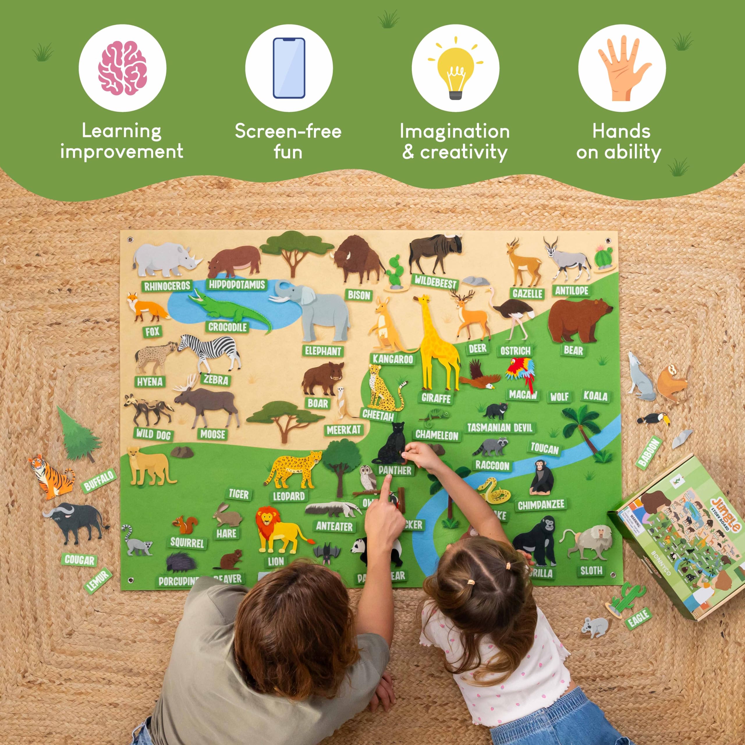 BONNYCO Jungle Animals Felt Board - 116 Pieces | Montessori Learning Toy | Ages 3+ 5