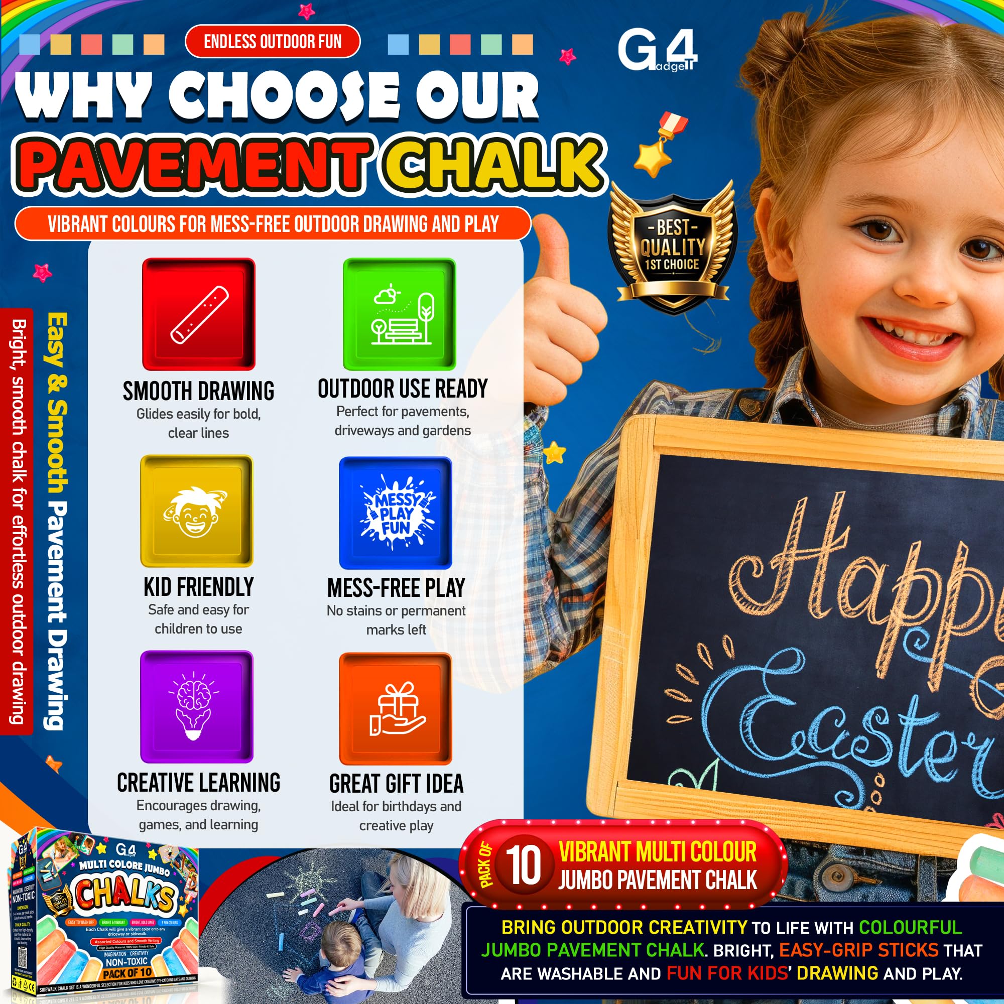 G4GADGET Jumbo Chalks for Kids – 10 Pack Giant Chunky Outdoor Pavement Chalk | Washable & Non-Toxic 5