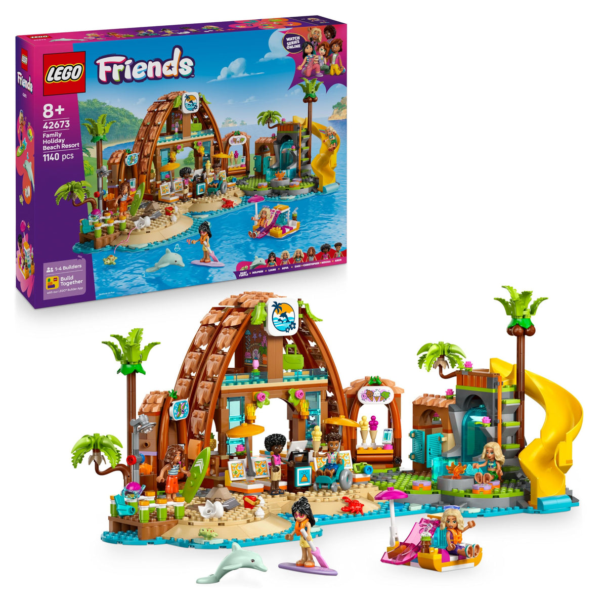 LEGO Friends Family Holiday Beach Resort Toy - 6 Mini Dolls, Turtle & Dolphin, 1,140 Pieces, 8+