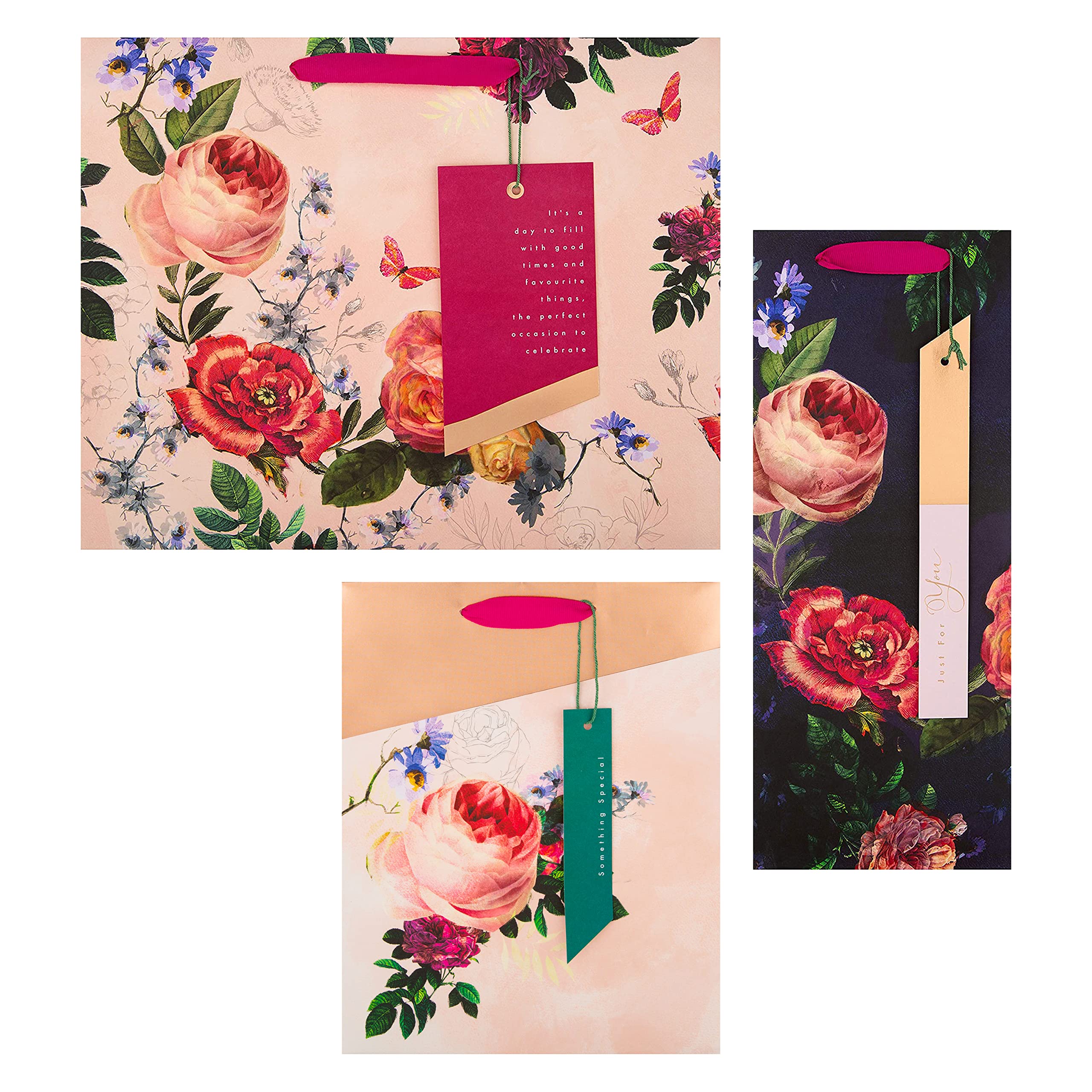 Hallmark Gift Bags - Pack of 3 (Large, Medium, Bottle) | Pink Floral with Rose Gold Foil 2