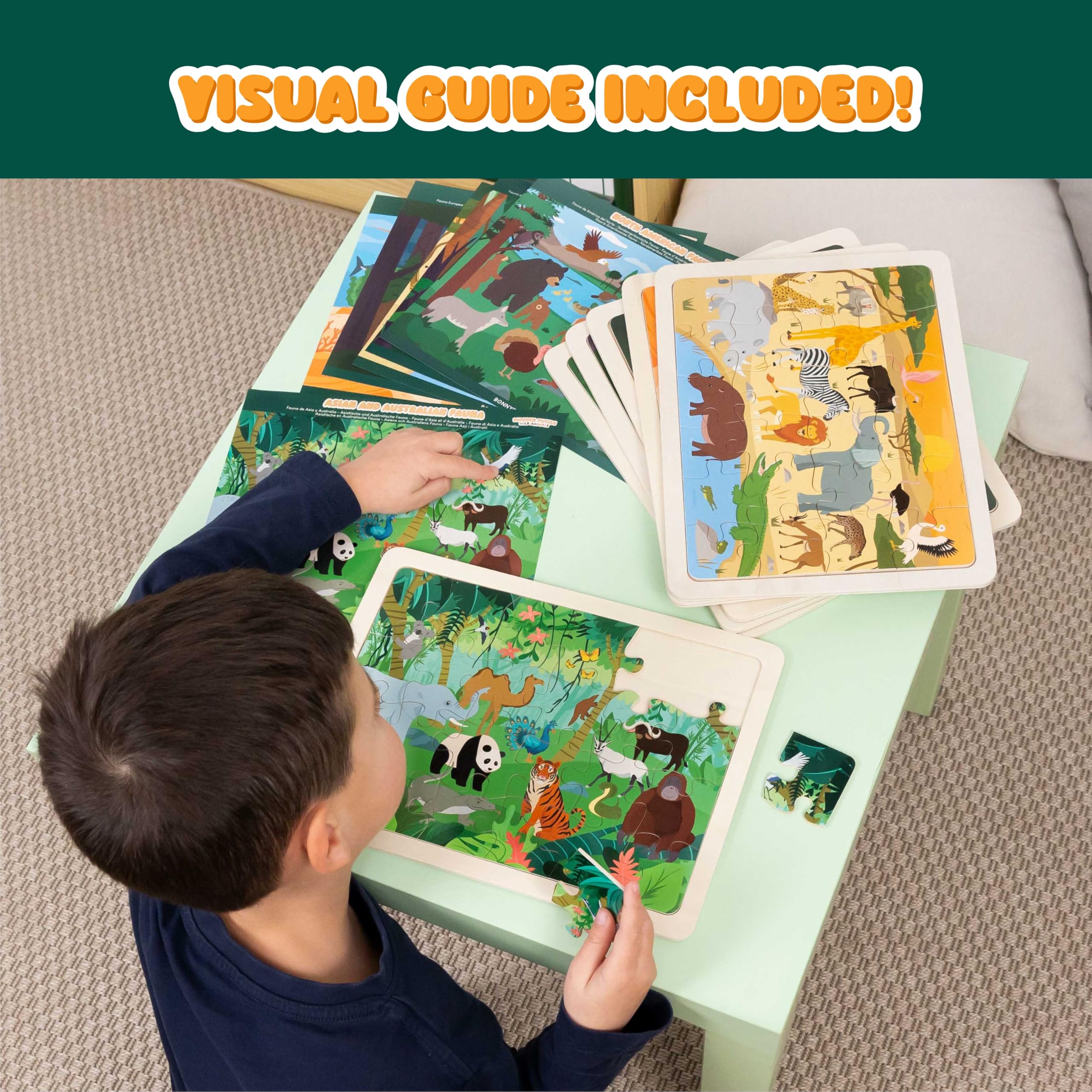 BONNYCO 6 Set Wooden Puzzles - 24 Pieces Each, Animals from Around the World | Educational Toy | Ages 2+ 5