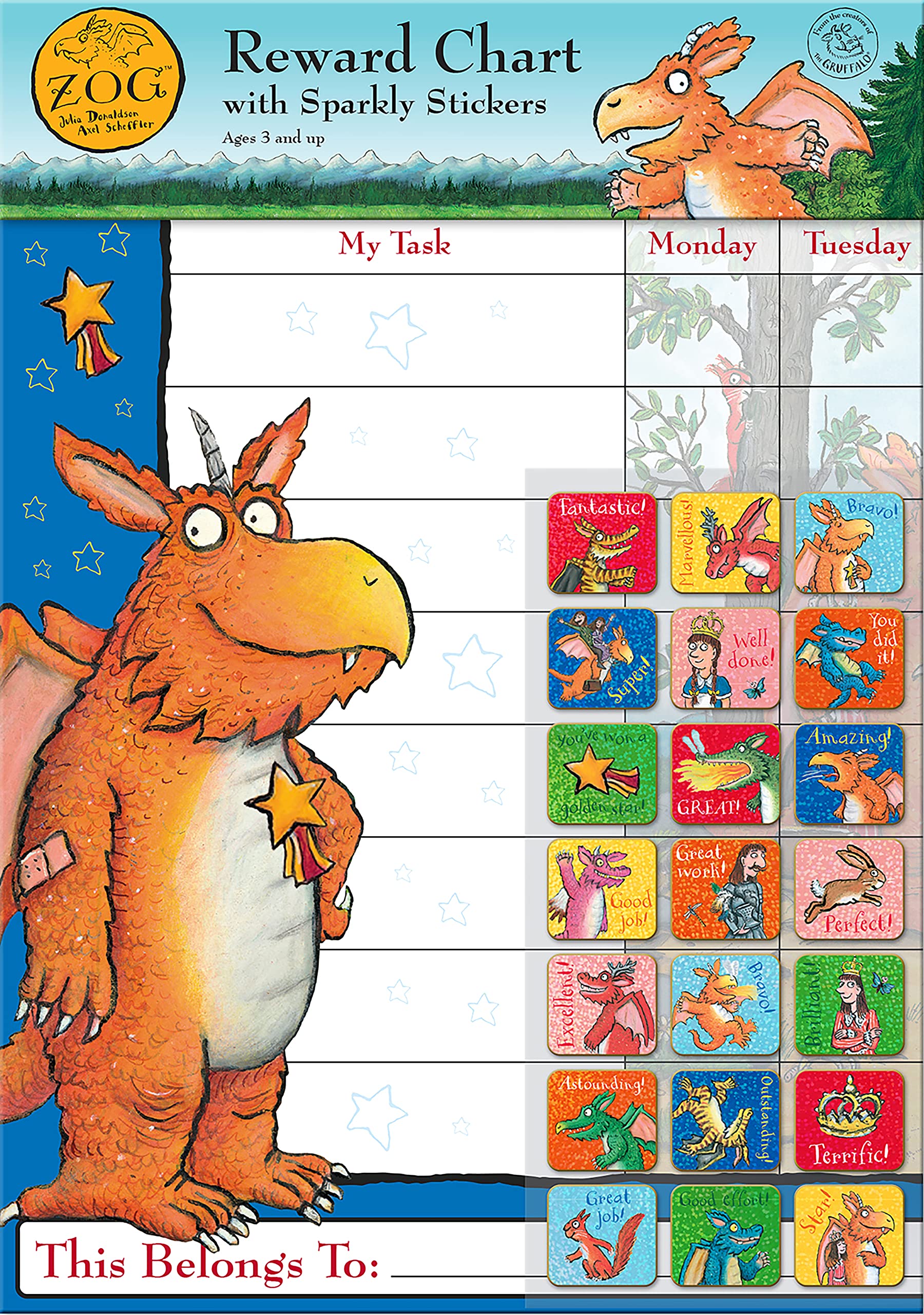 Paper Projects Zog Reward Chart - Wipe-Clean Surface | Includes 56 Sparkly Stickers | 29.7cm x 42cm