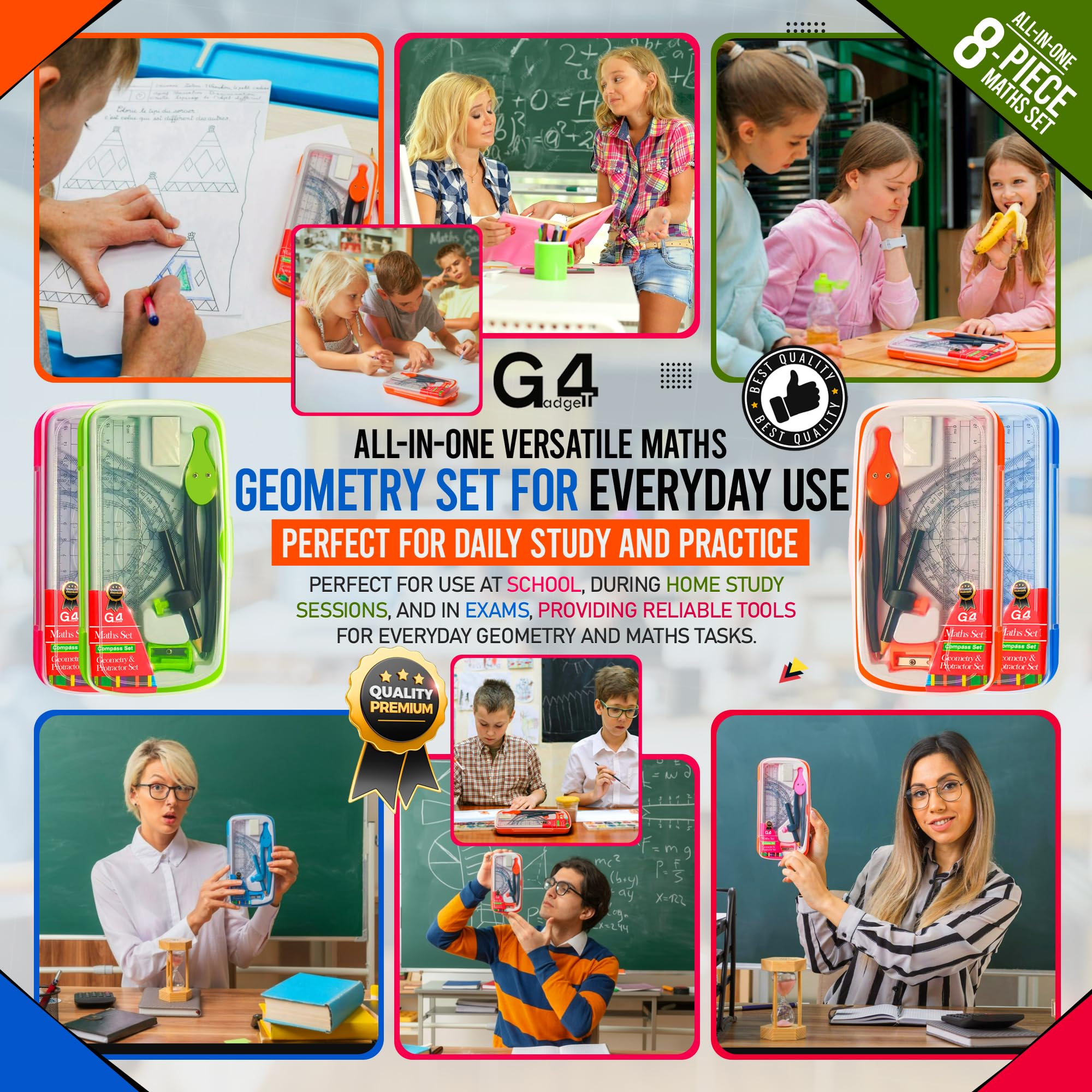 G4GADGET 8-Piece Maths Geometry Set – Compass, Protractor, Ruler, Pencil & Accessories 5