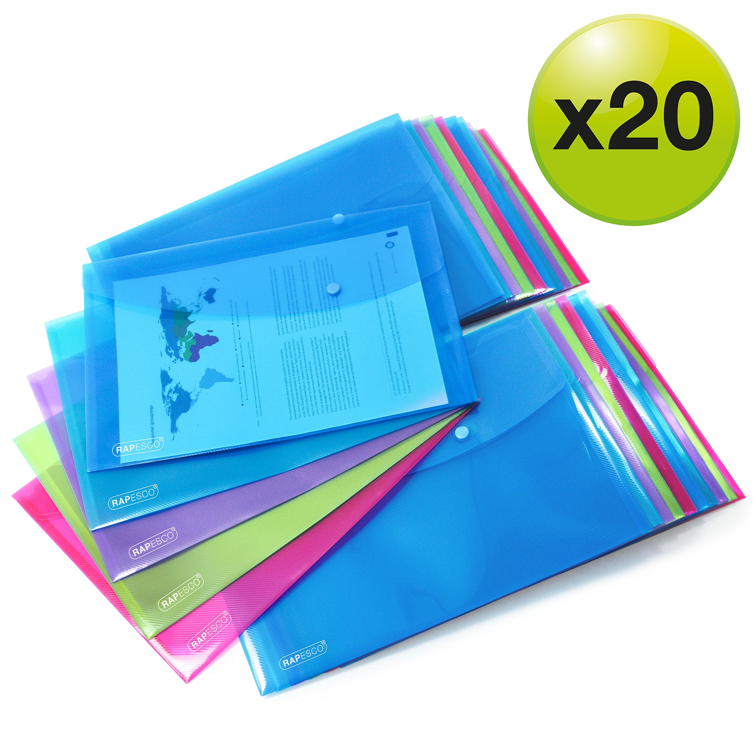 RAPESCO 1494 ECO Recycled Popper Wallets - A4+, Assorted Bright Transparent, Pack of 20 2