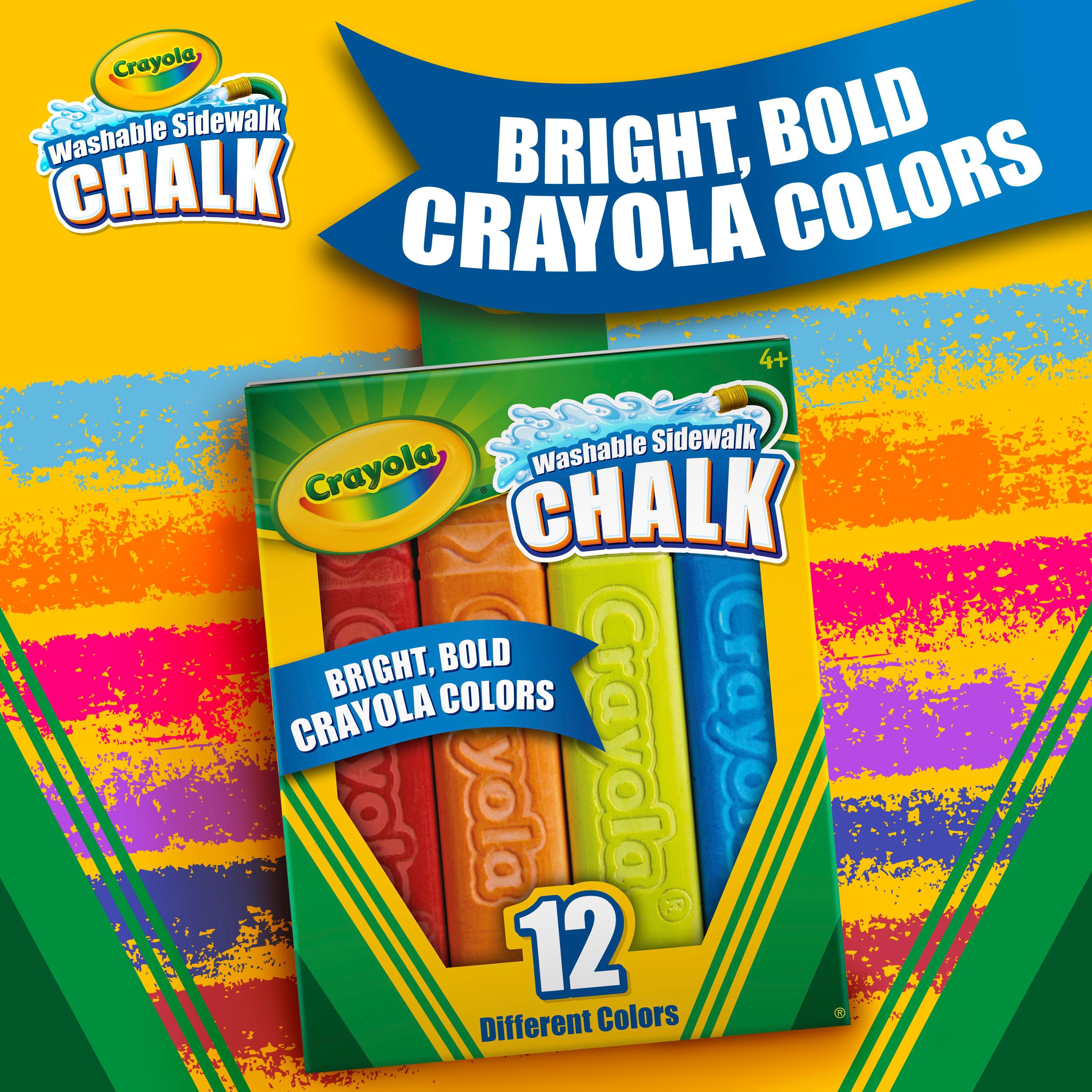 CRAYOLA Outdoor Chalk - Assorted Colours - 12 Count | Anti-Roll Sticks | Washable for Pavement & Patio | Ages 4+ 6