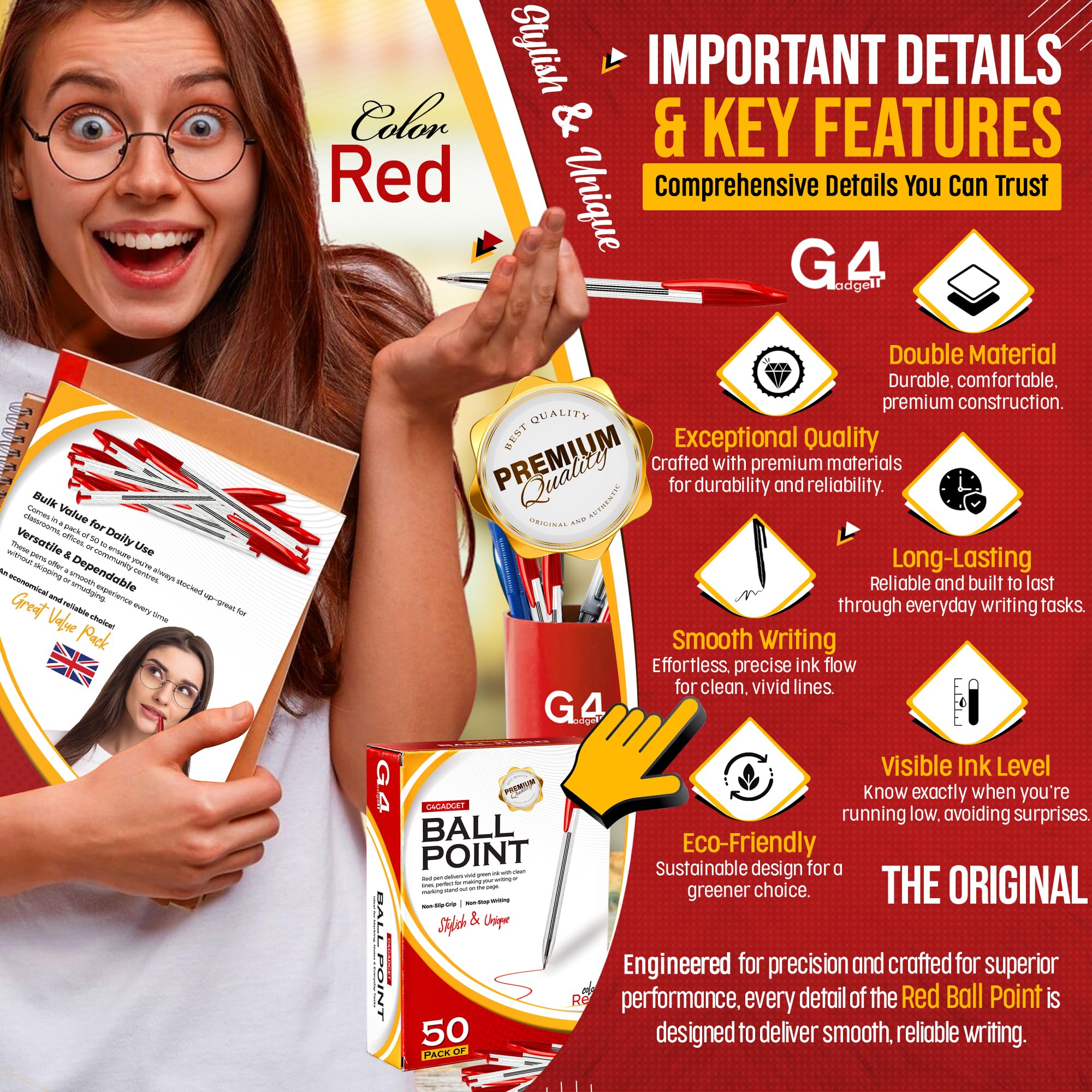 G4GADGET 50 Pack Stick Ballpoint Pens - Bold Red Ink, Medium Point, Lightweight | 0.5mm-0.7mm Line