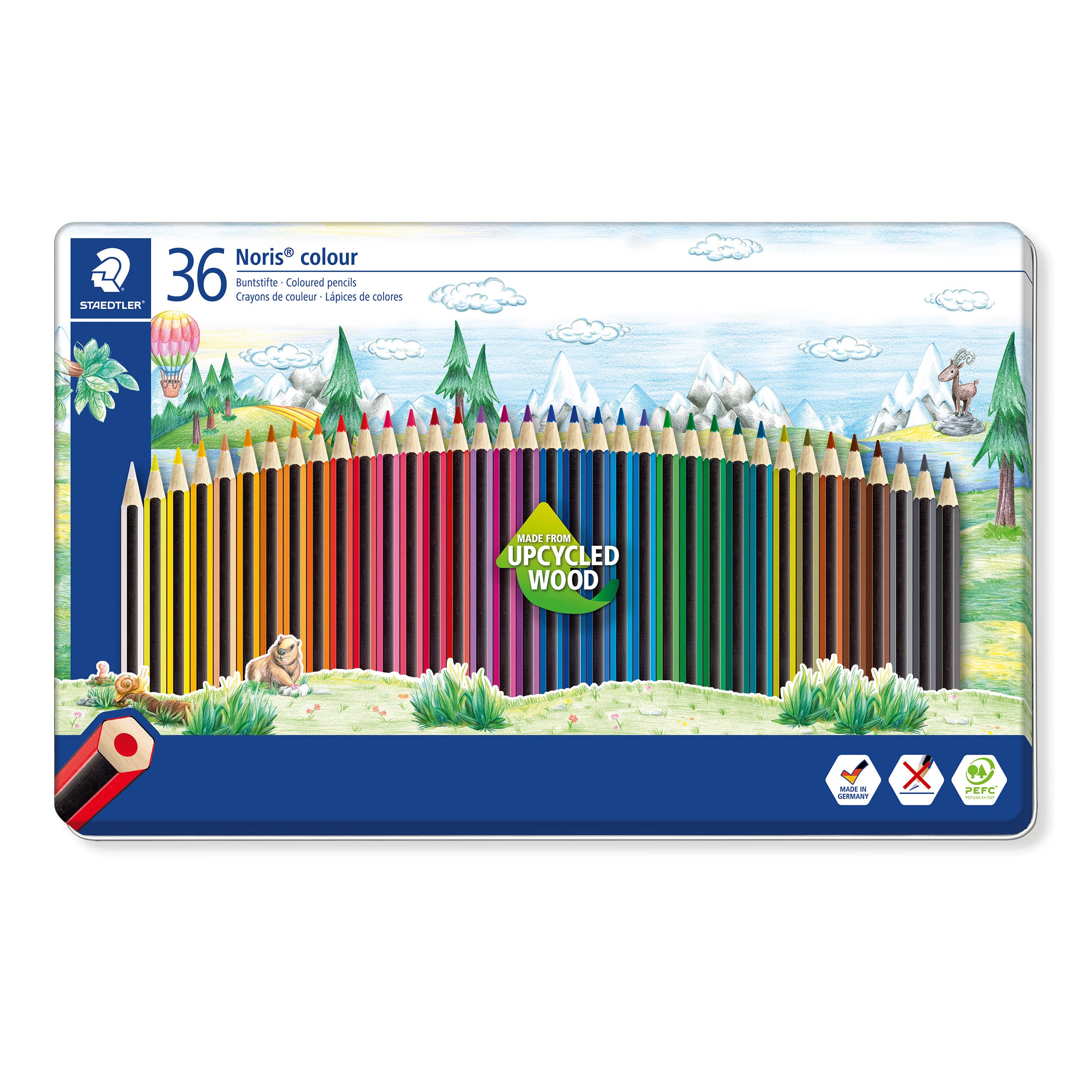 STAEDTLER Noris Colour Colouring Pencils 185 M36 - 36 Assorted Colours | Upcycled Wood | Pre-Sharpened