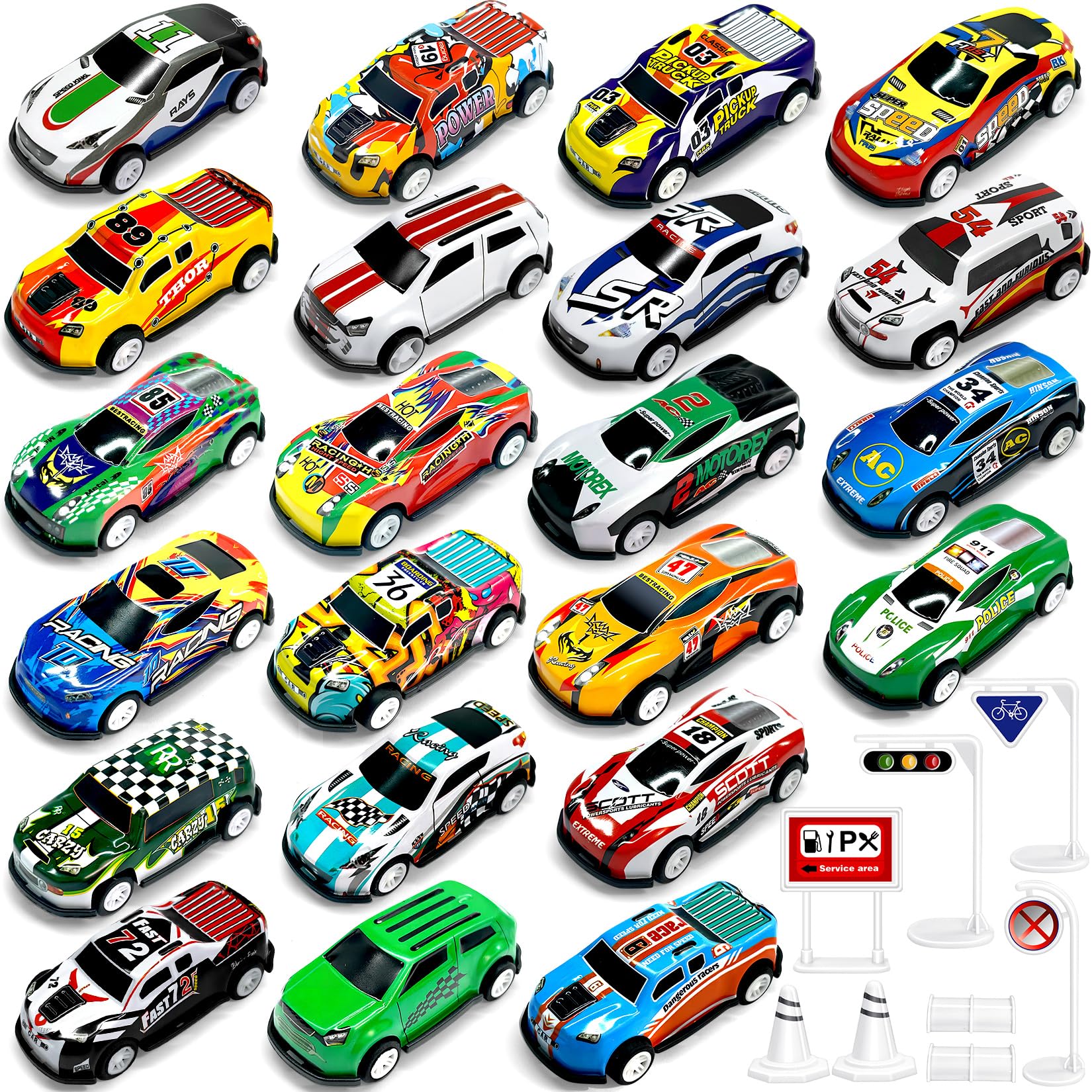 TOYABI 22Pc Metal Shell Pull-Back Race Car Set with 8 Roadblocks for Kids | Ages 3+