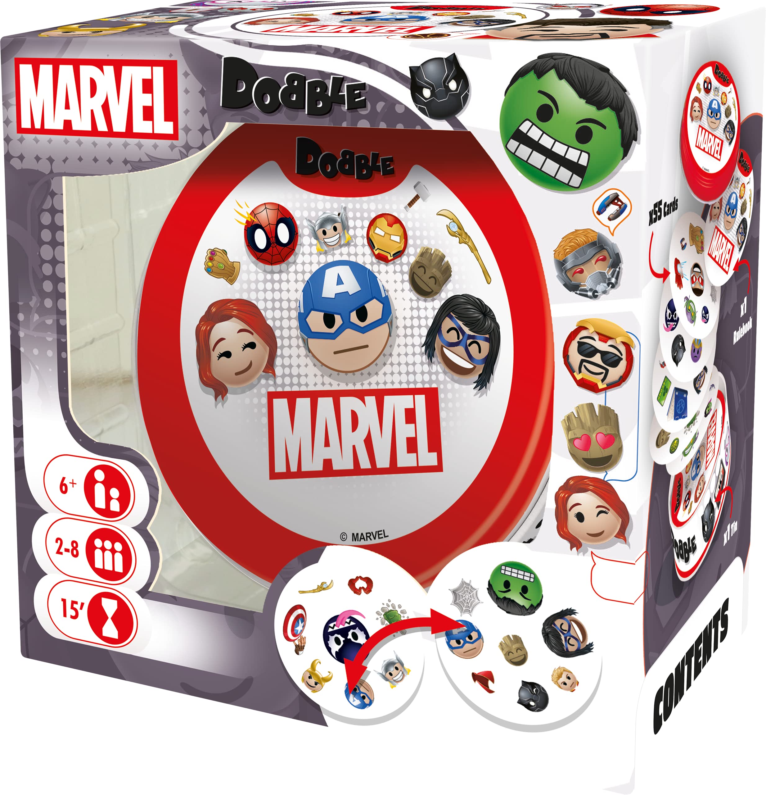 Asmodee Dobble Marvel Emoji Matching Card Game | Ages 6+ | 2-8 Players | 15 Min Playtime