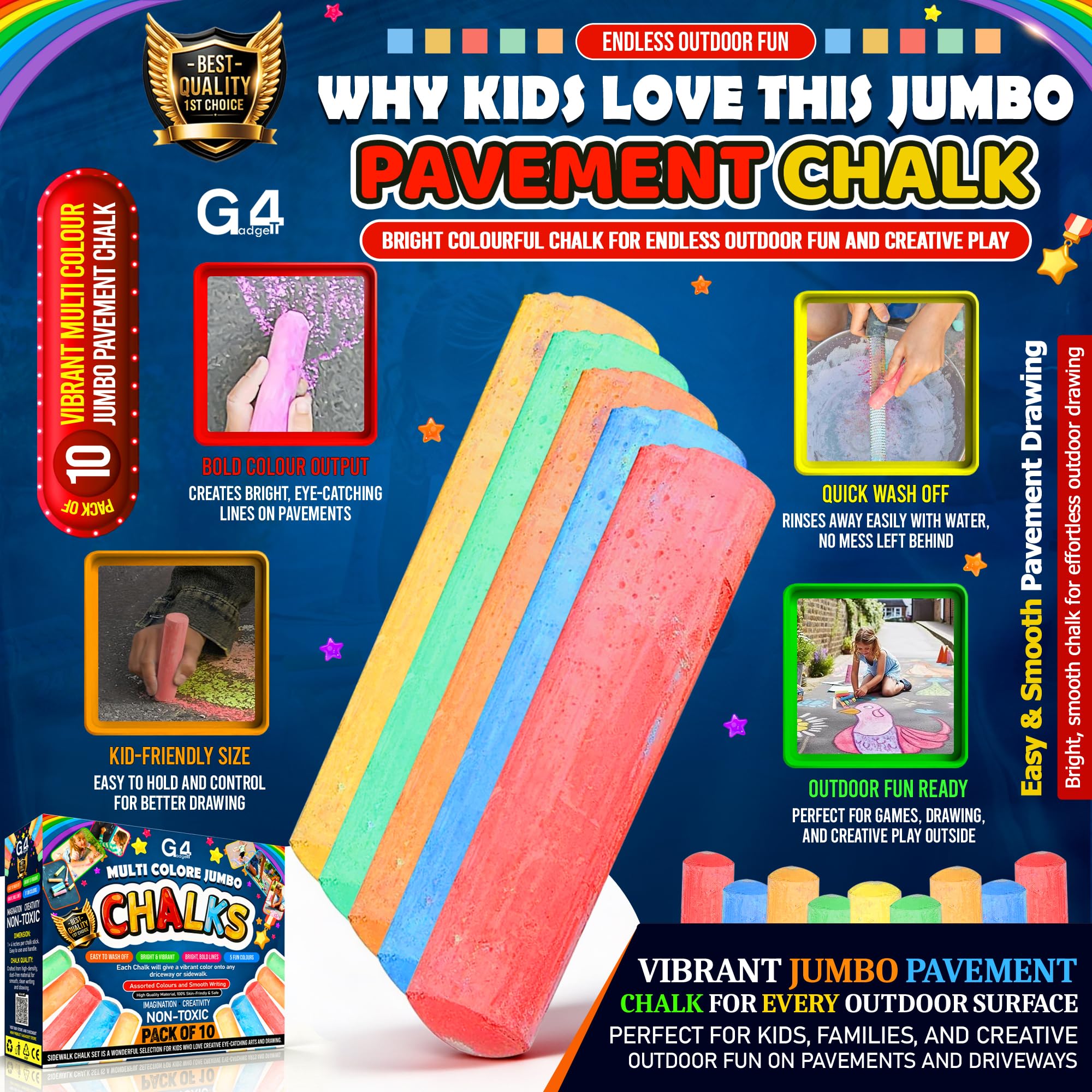 G4GADGET Jumbo Chalks for Kids – 10 Pack Giant Chunky Outdoor Pavement Chalk | Washable & Non-Toxic 3