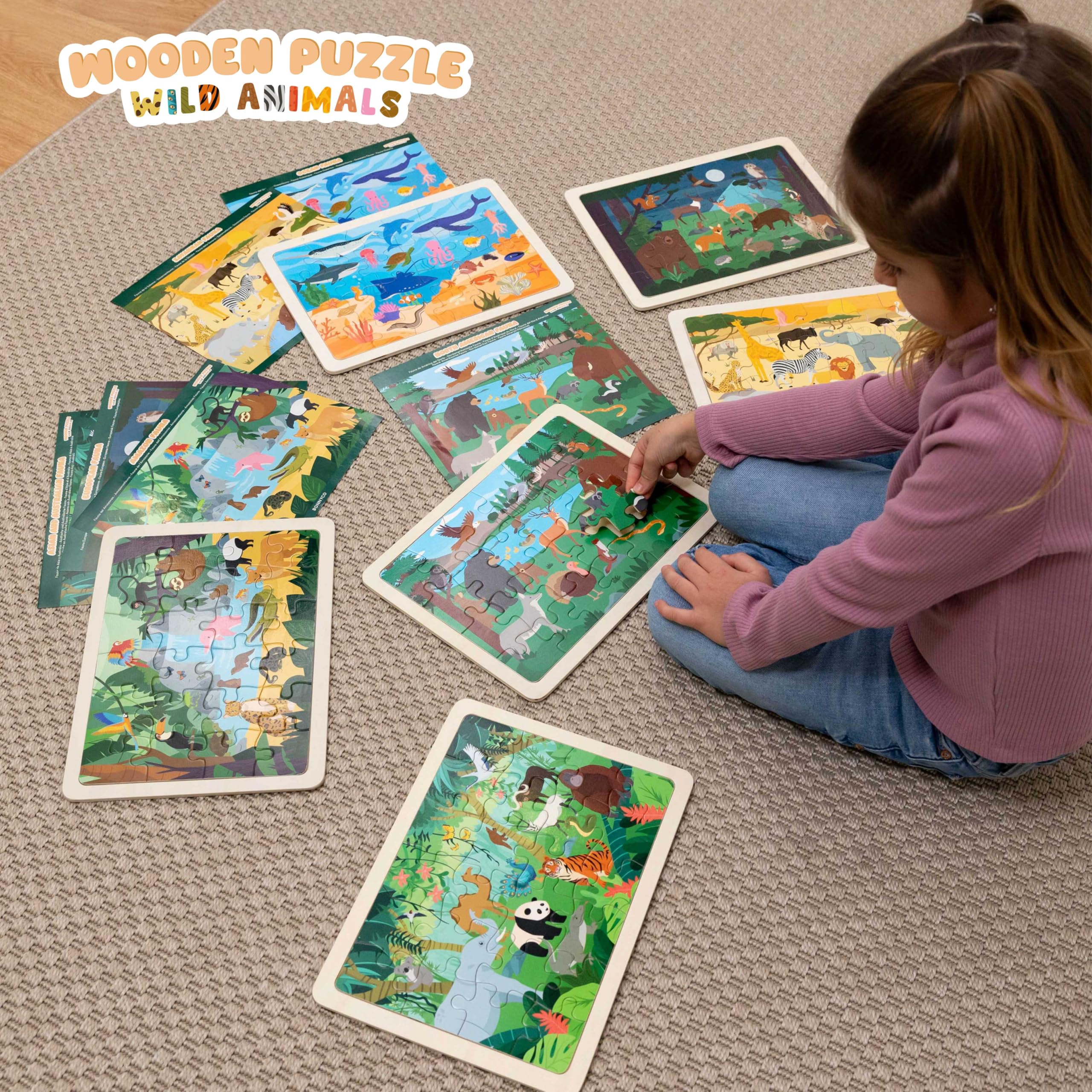 BONNYCO 6 Set Wooden Puzzles - 24 Pieces Each, Animals from Around the World | Educational Toy | Ages 2+ 9
