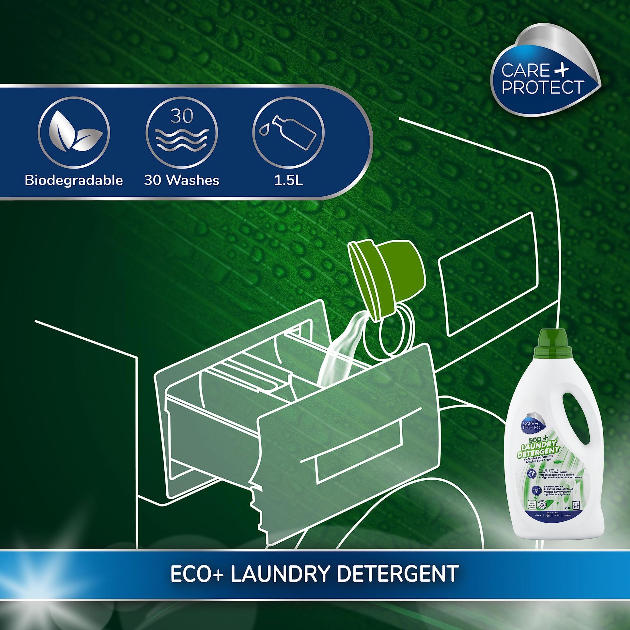 CARE + PROTECT ECO+ Liquid Laundry Detergent - 1.5L | Concentrated | Hypoallergenic | Aloe Vera Scent