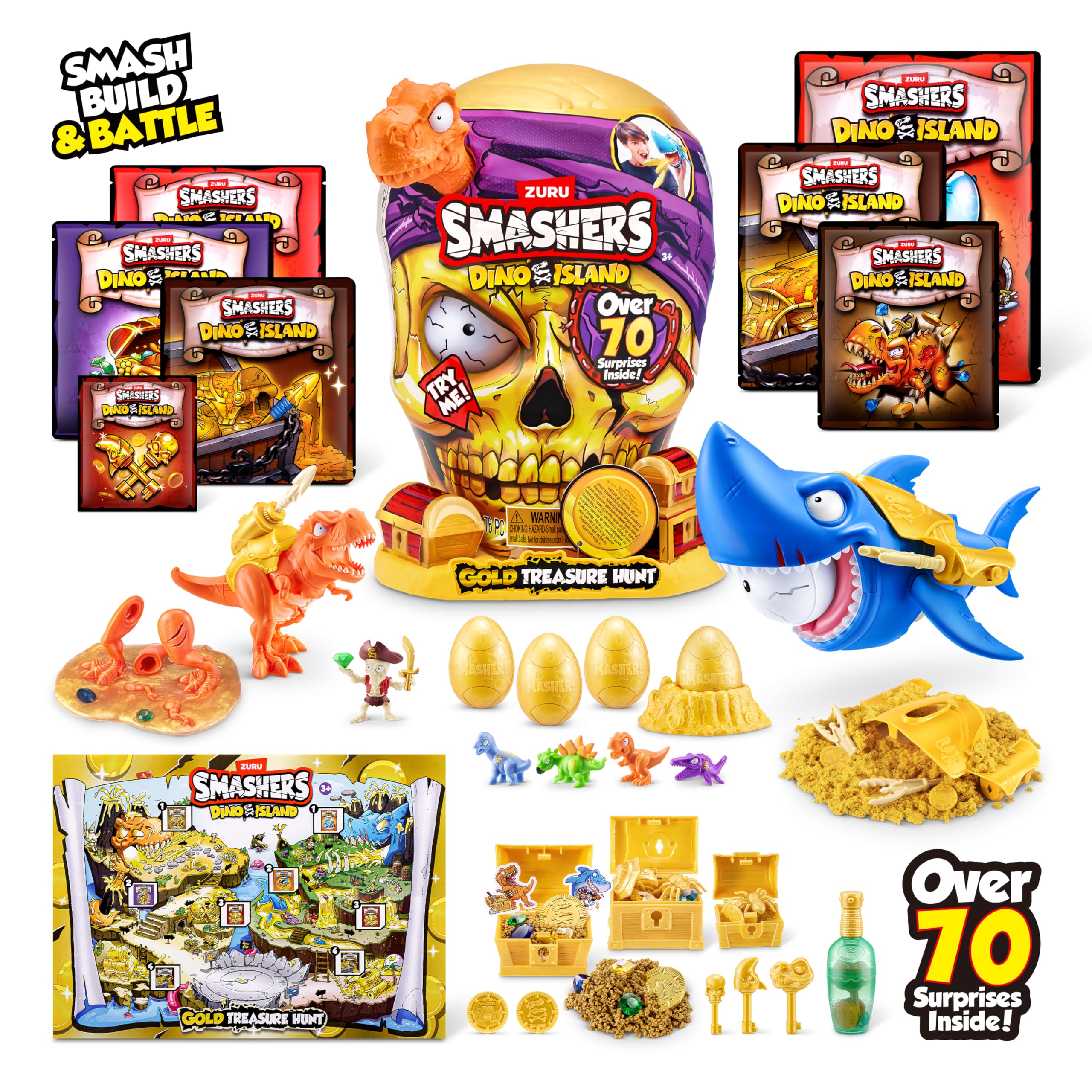 ZURU SMASHERS Dino Island Gold Treasure Hunt - Orange Dinosaur Skull Playset for Kids 8