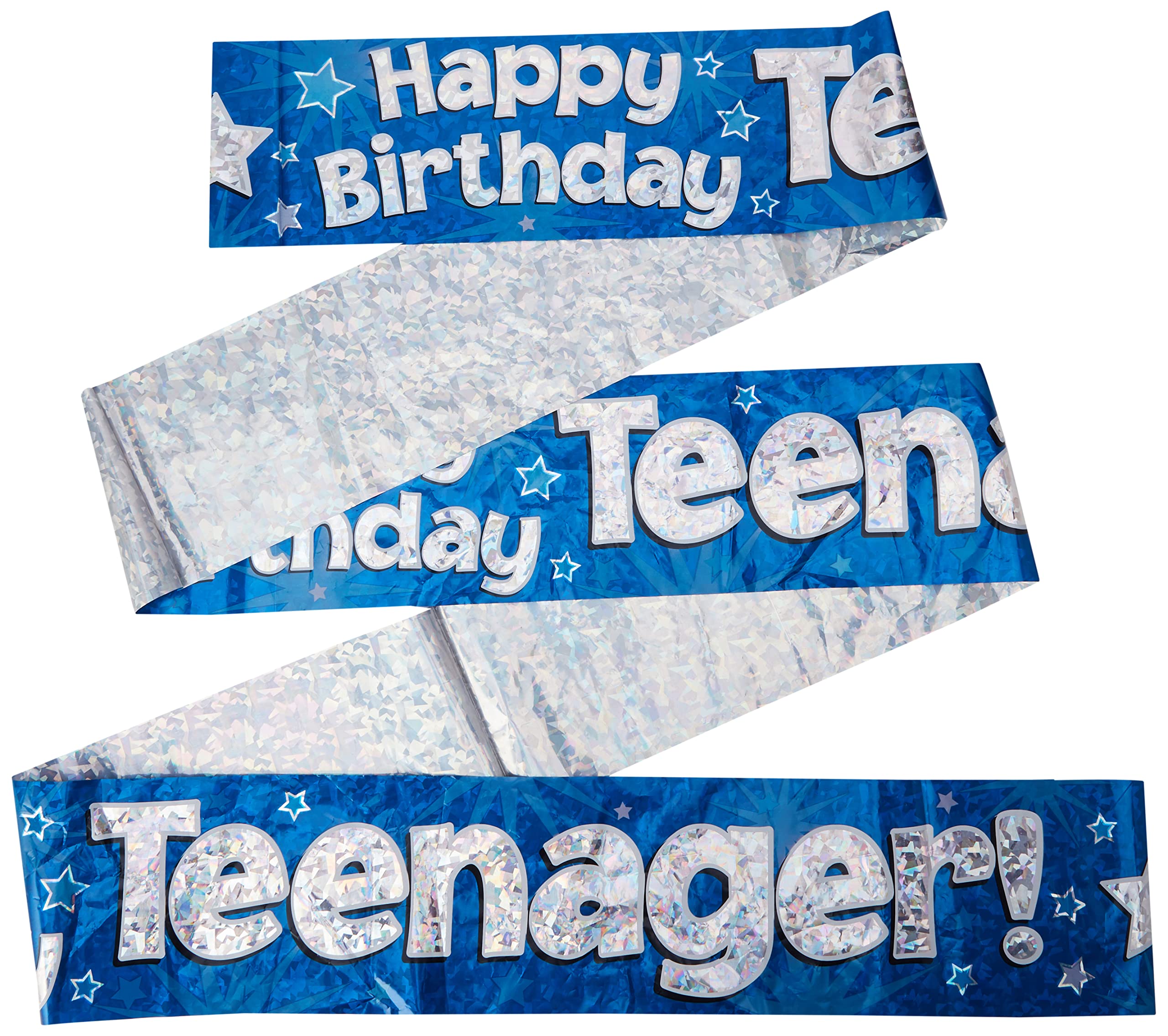 OakTree Happy Birthday Teenager Banner - 9ft Blue Foil Holographic | Foldable 2