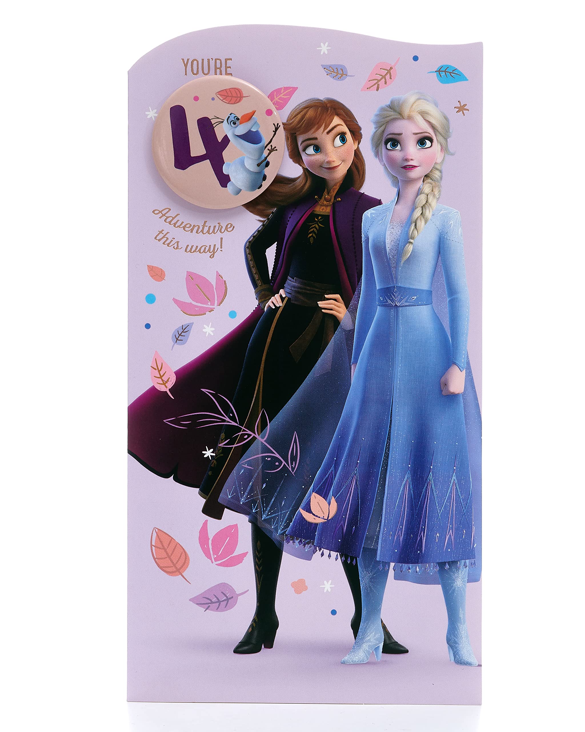 UK Greetings Disney Frozen 4th Birthday Card for Girls with Olaf Badge | 127 x 235 mm