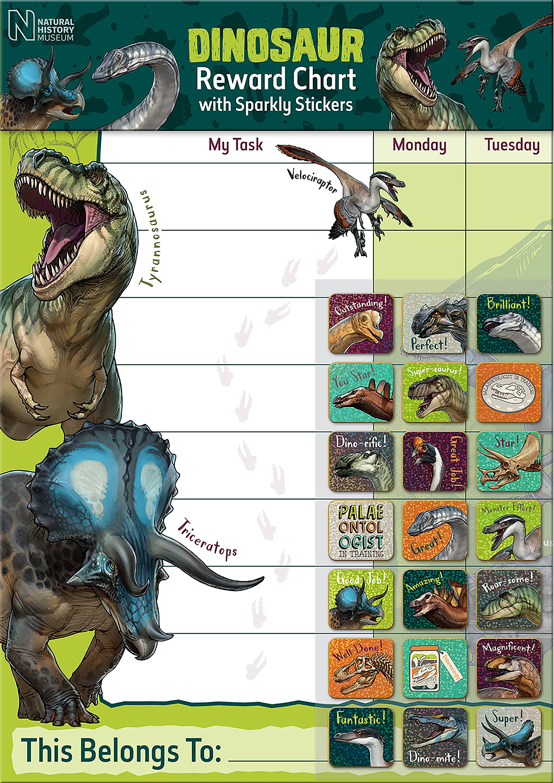 Paper Projects Natural History Museum Dinosaurs Reward Chart | A3 Size | Includes 56 Stickers