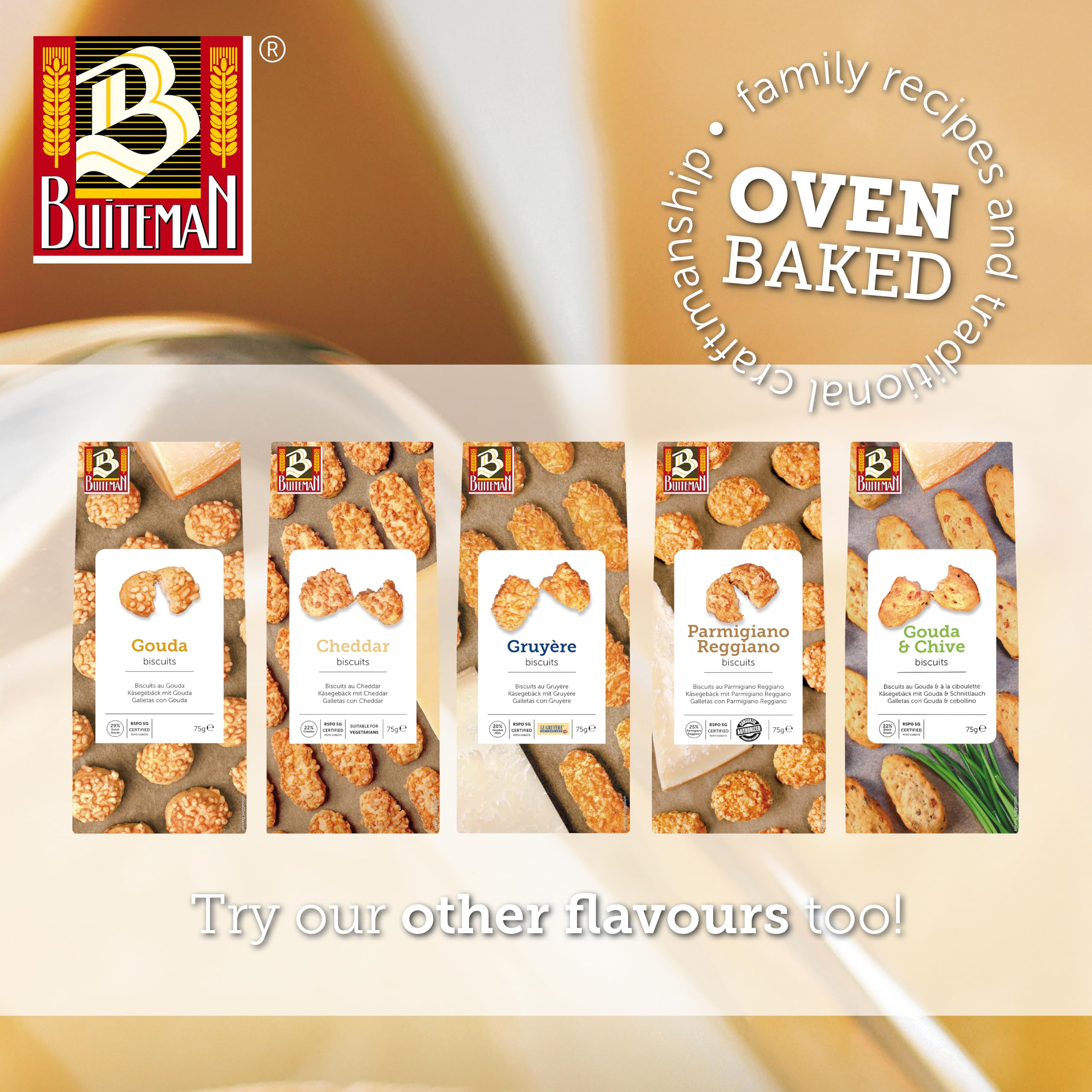 Buiteman Gouda Savoury Biscuit - Crisp Crumble Texture | 75g Pack 8
