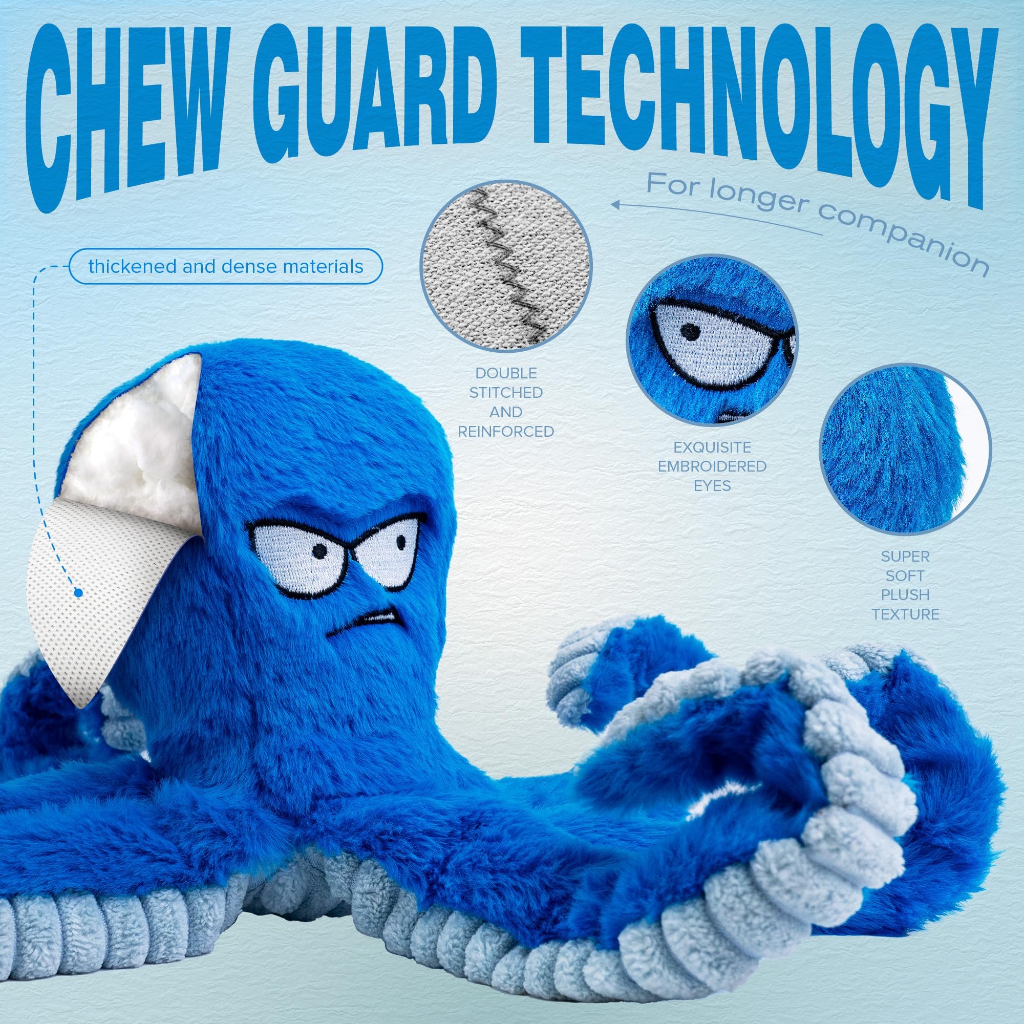 LEGEND SANDY Tough Squeak Dog Toy - Heavy Duty, Waterproof Lining, Blue Octopus for Aggressive Chewers 3