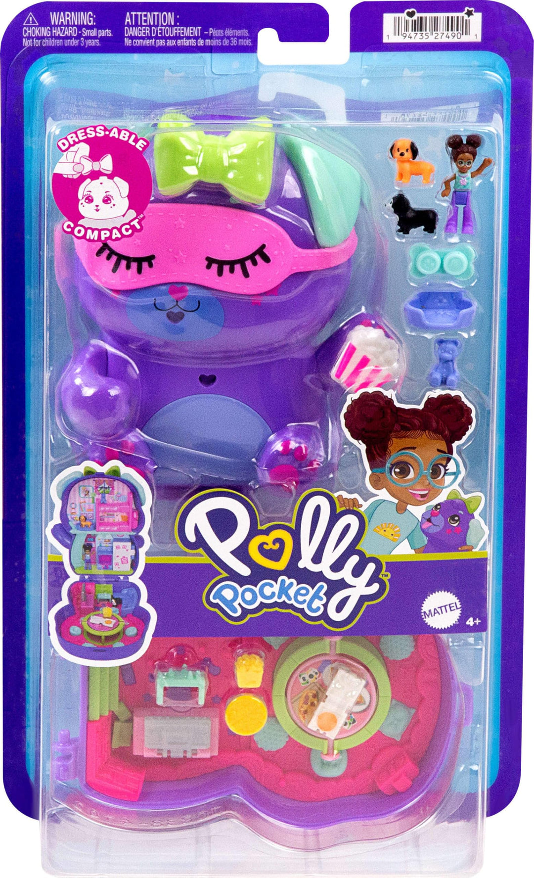 Polly Pocket Sleepover Puppy Compact Playset - 10 Accessories & 2 Pet Dogs, Ages 4+