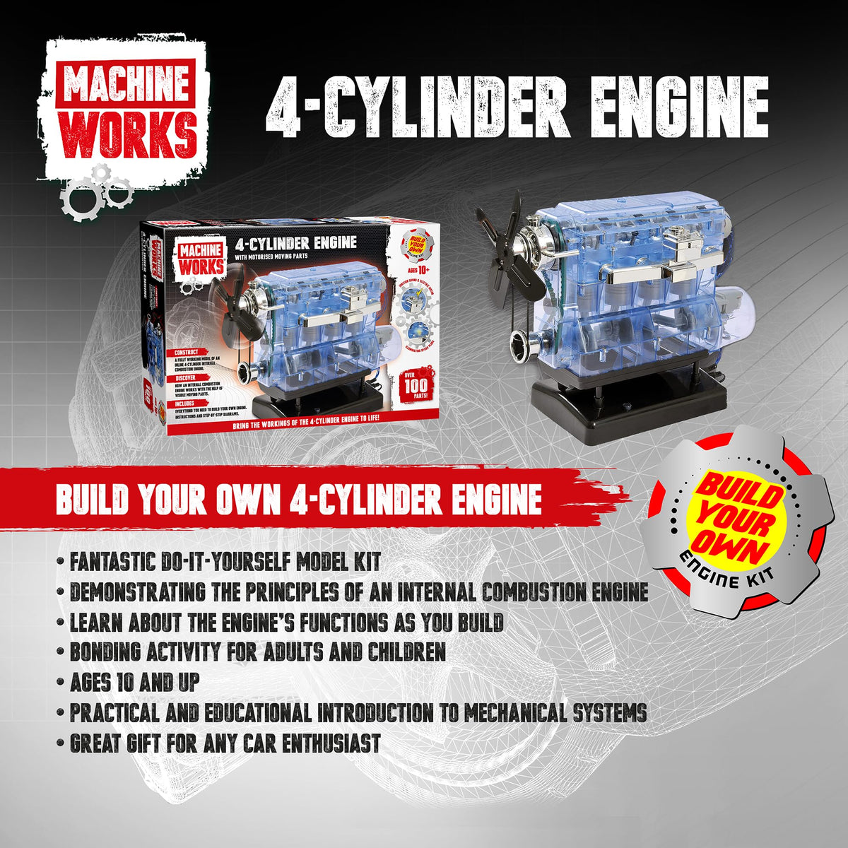 Machine Works 4-Cylinder Petrol Car Engine Replica Model B - 100+ Pieces, Ages 10+