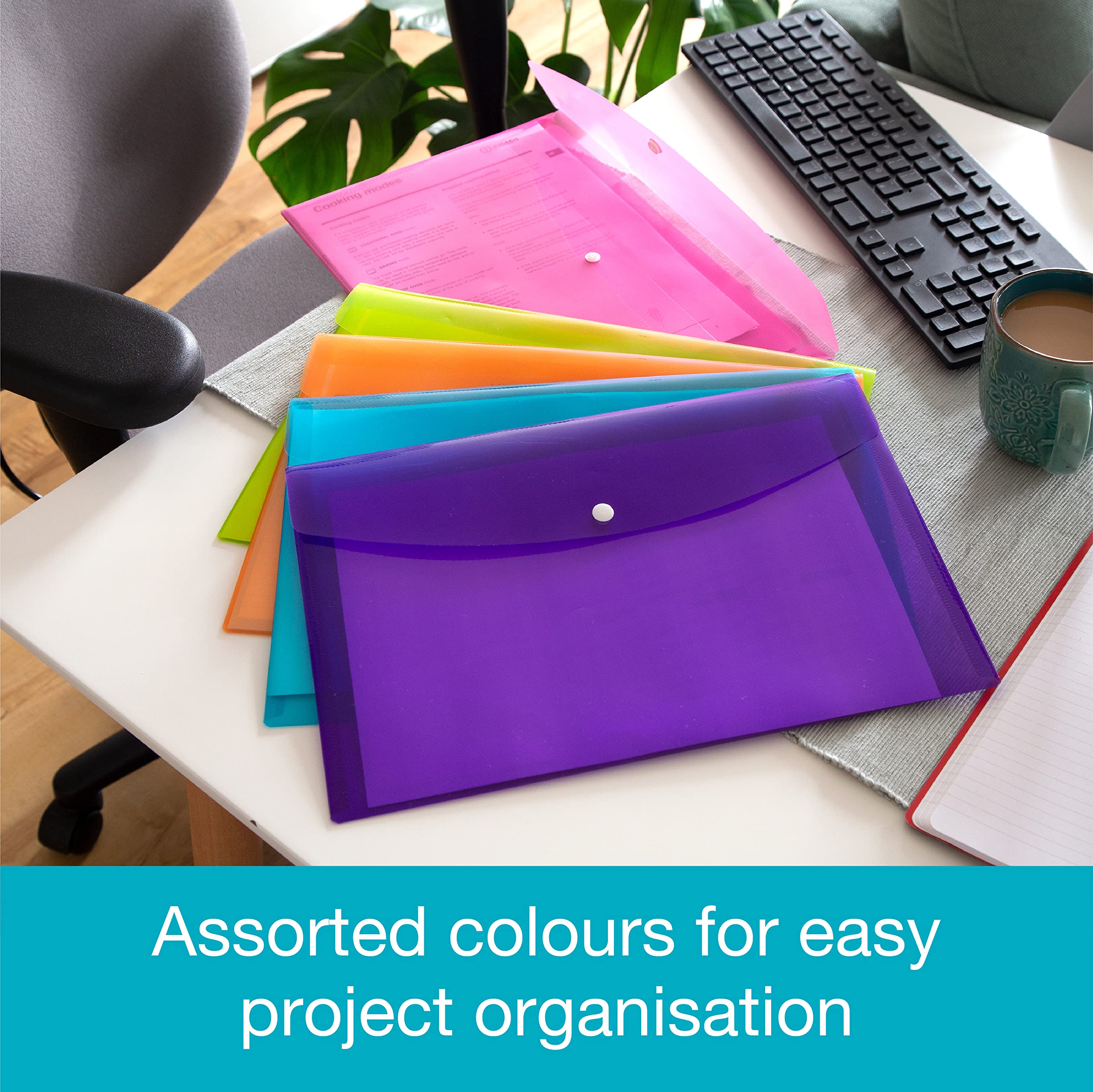 SUMMIT A4+ Plastic Popper Wallets - Assorted Colours Document Folders | Pack of 5 | Heavy Duty Polypropylene 7