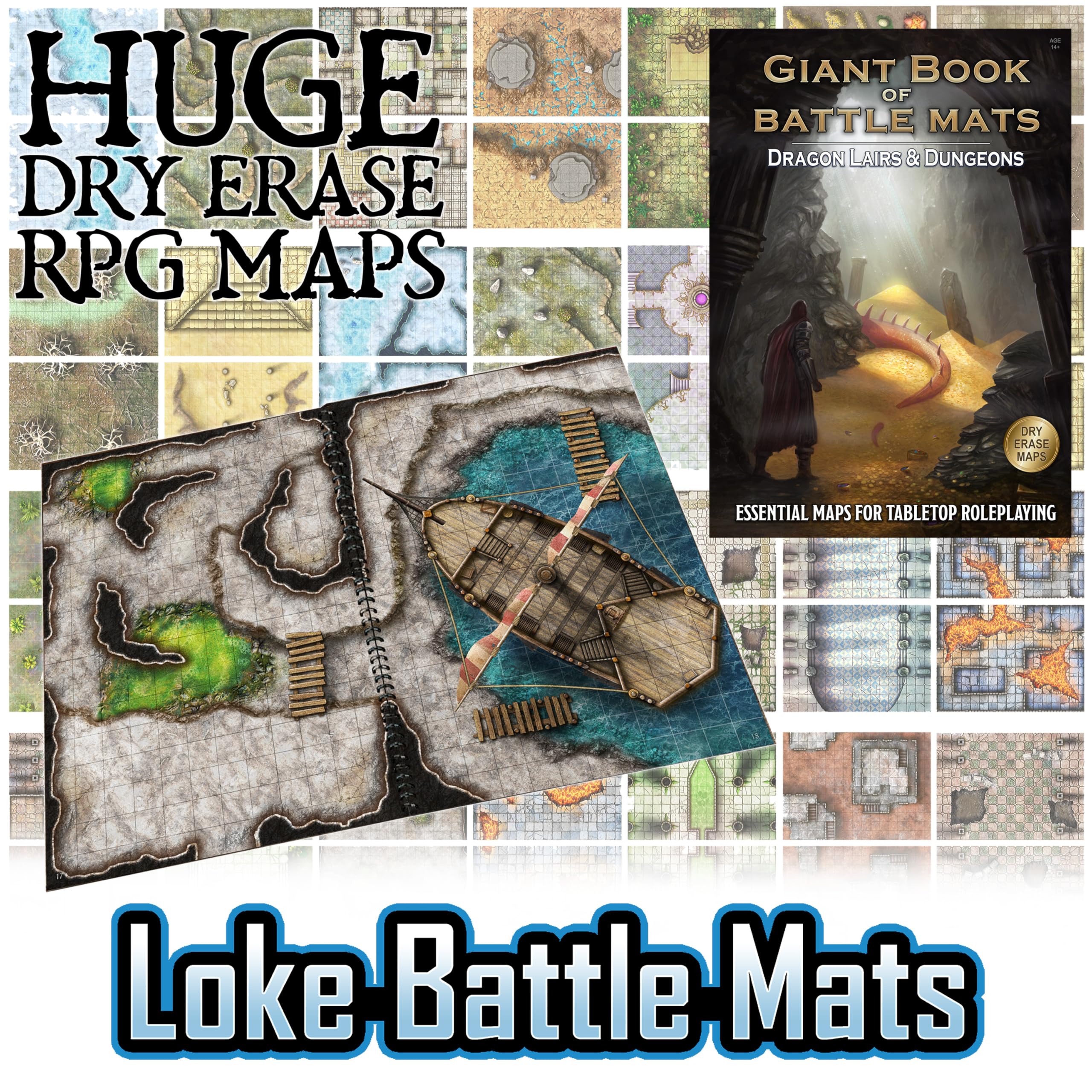 Loke BattleMats Dragon Lairs & Dungeons: Giant Book of Battle Mats | 62 Erasable Pages | Cardboard