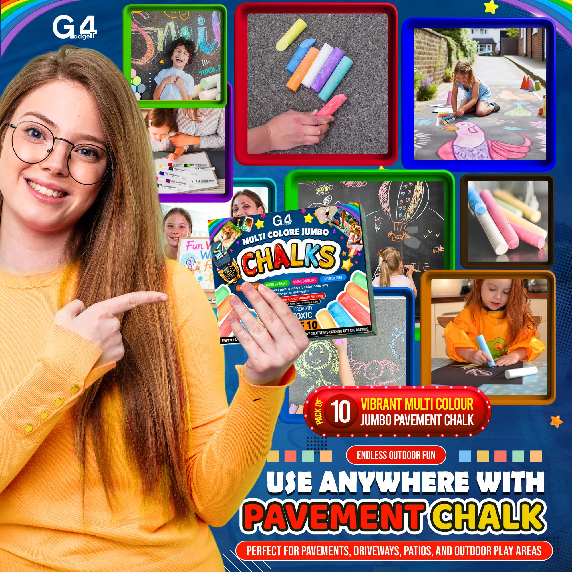 G4GADGET Jumbo Chalks for Kids – 10 Pack Giant Chunky Outdoor Pavement Chalk | Washable & Non-Toxic 7