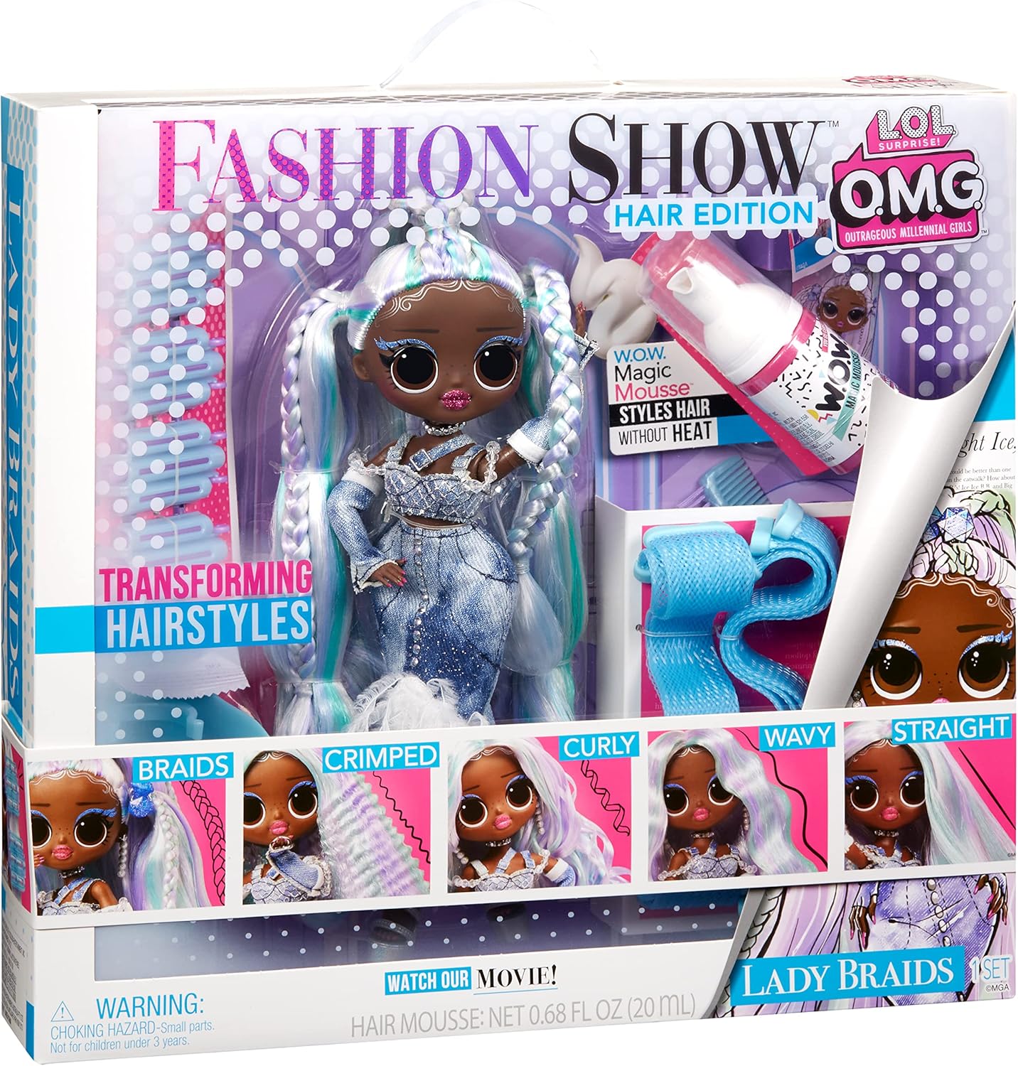 LOL Surprise OMG Fashion Show Hair Edition - Lady Braids 10" Doll with Transforming Hair & Accessories 12