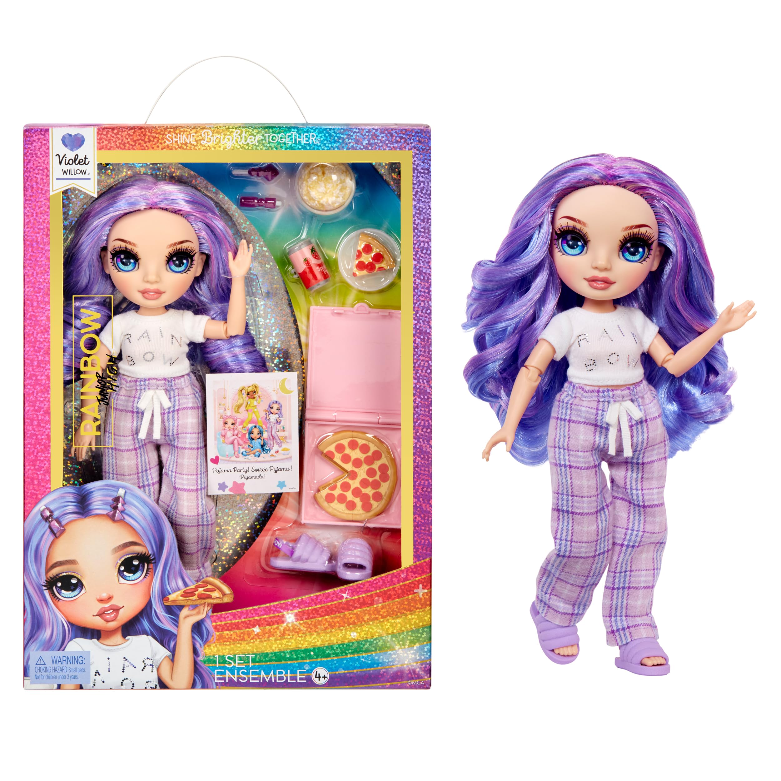 Rainbow High Junior High PJ Party - Violet (Purple) - 22 cm Posable Doll with Pyjamas, Slippers & Accessories - Ages 4-12